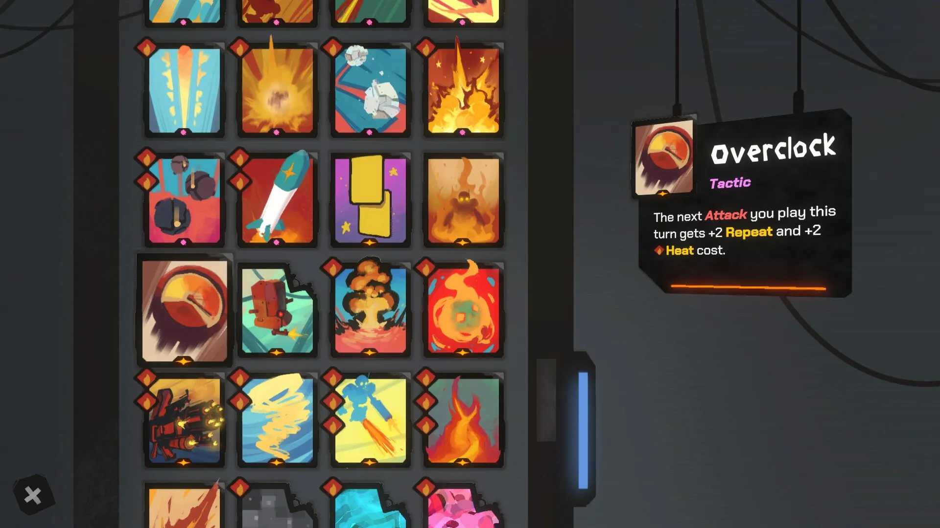 StarVaders: Deck overview with various action cards and "Overclock" tactic details on dark interface
