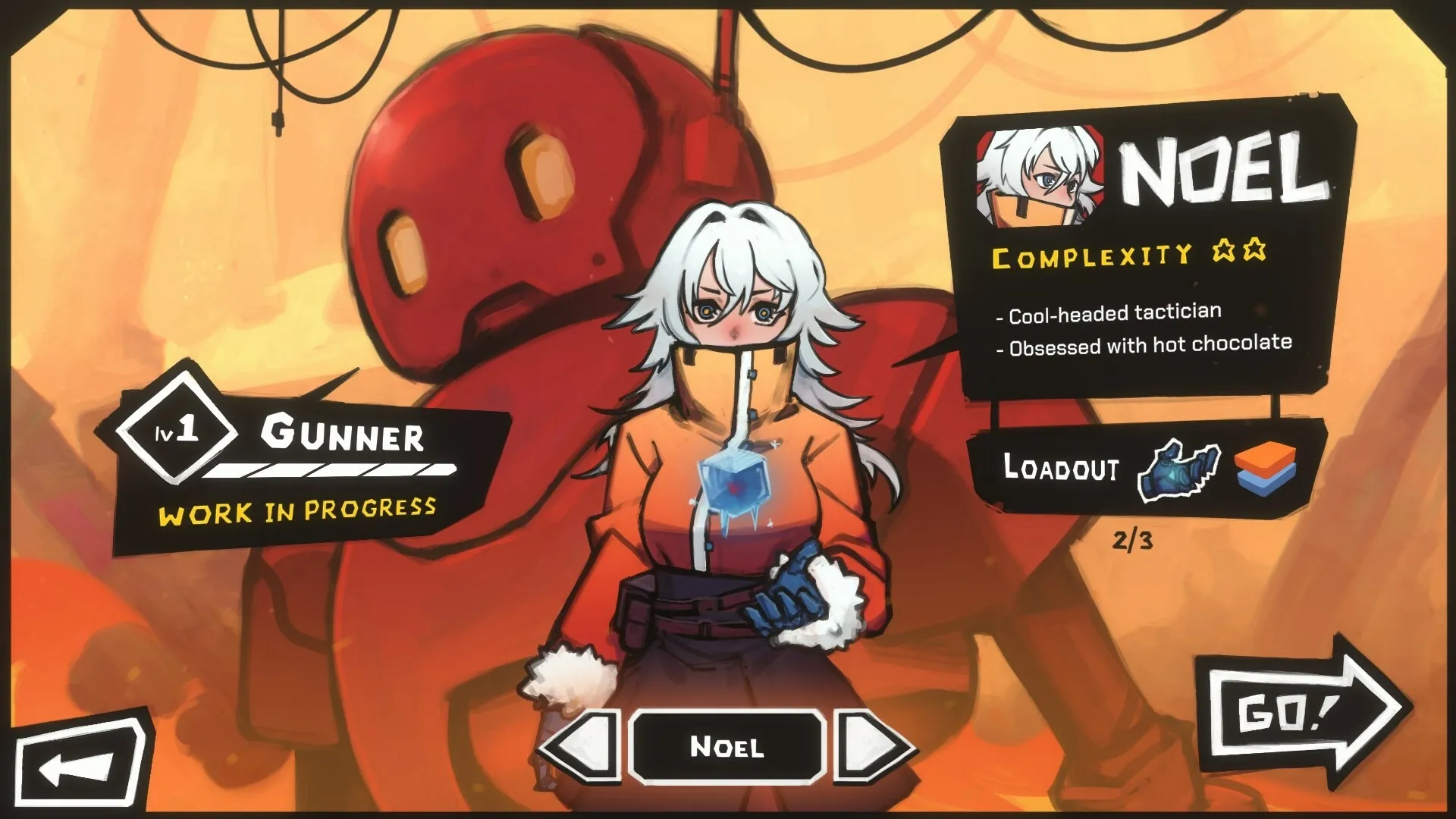 StarVaders: Character selection screen featuring Noel, a level 1 Gunner with loadout options.