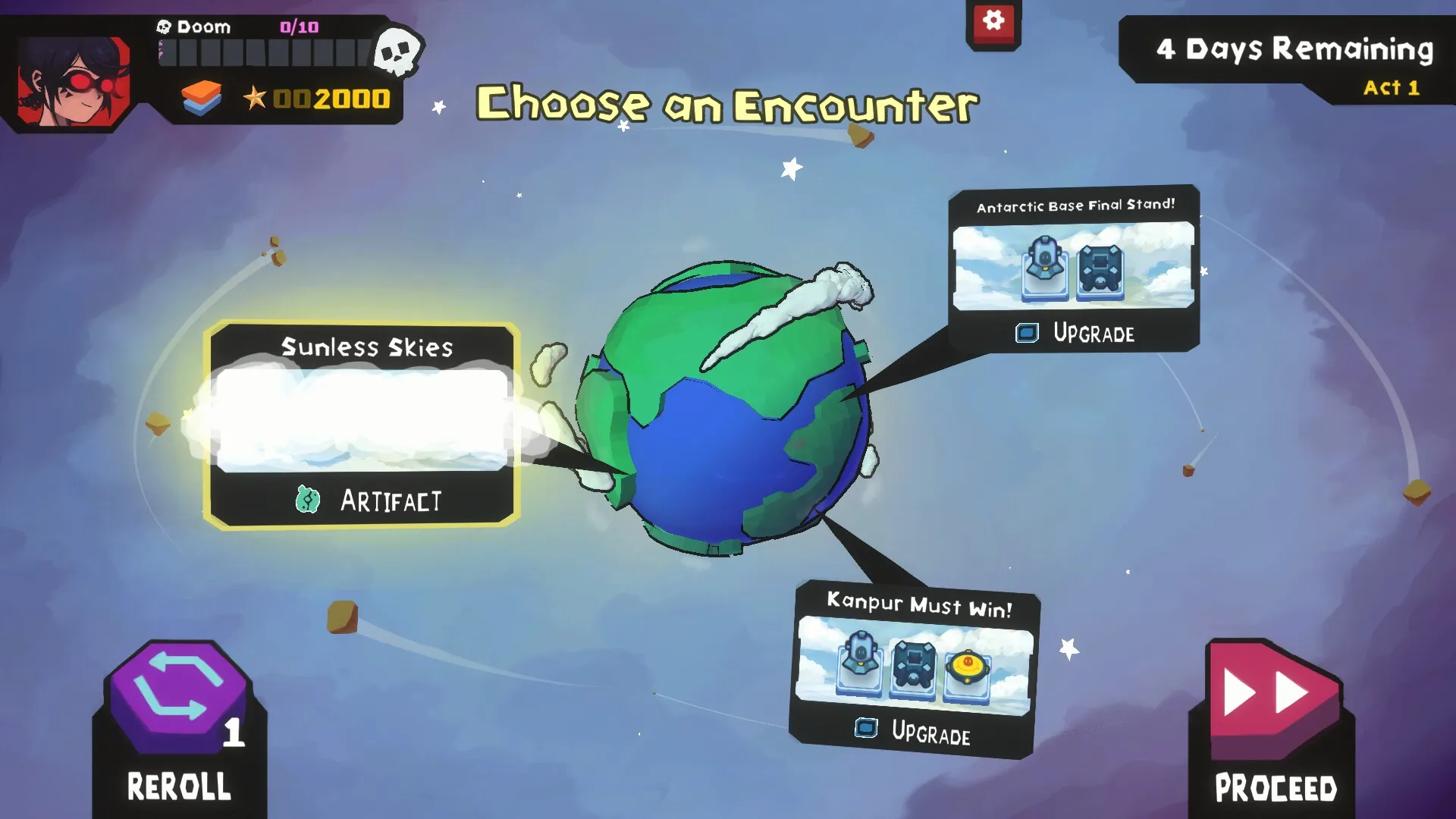 StarVaders: Encounter selection screen with planetary map, options for artifact or upgrade paths visible.