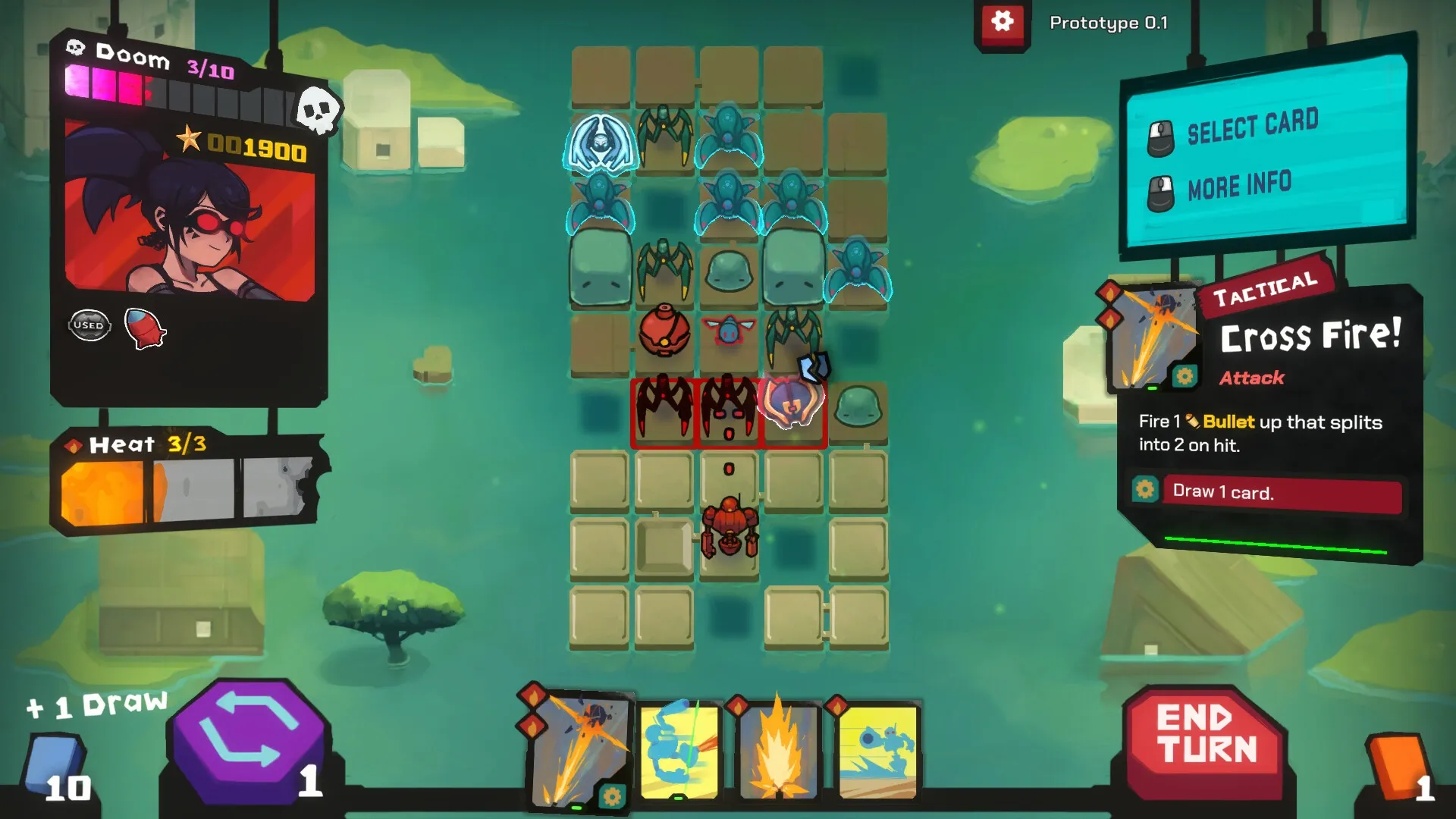 StarVaders: Player mech in grid-based battle with alien enemies, tactical card "Cross Fire!" selected