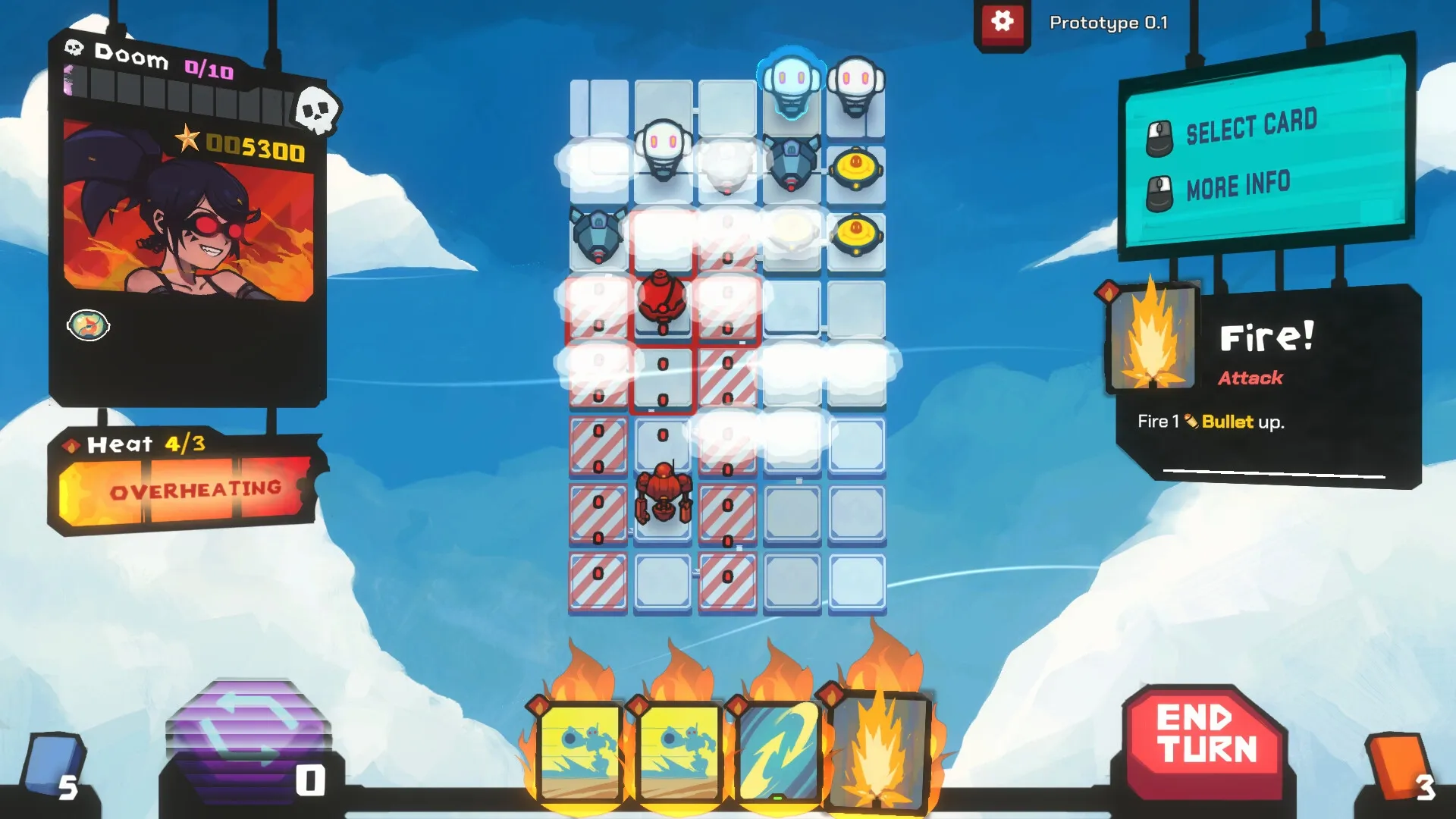 StarVaders: Mech combat on grid with enemy drones, card options below, and overheating alert active.