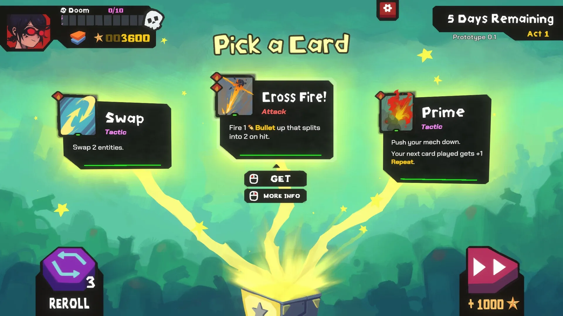 StarVaders: Card selection screen displaying "Swap," "Cross Fire!," and "Prime" options in a menu.