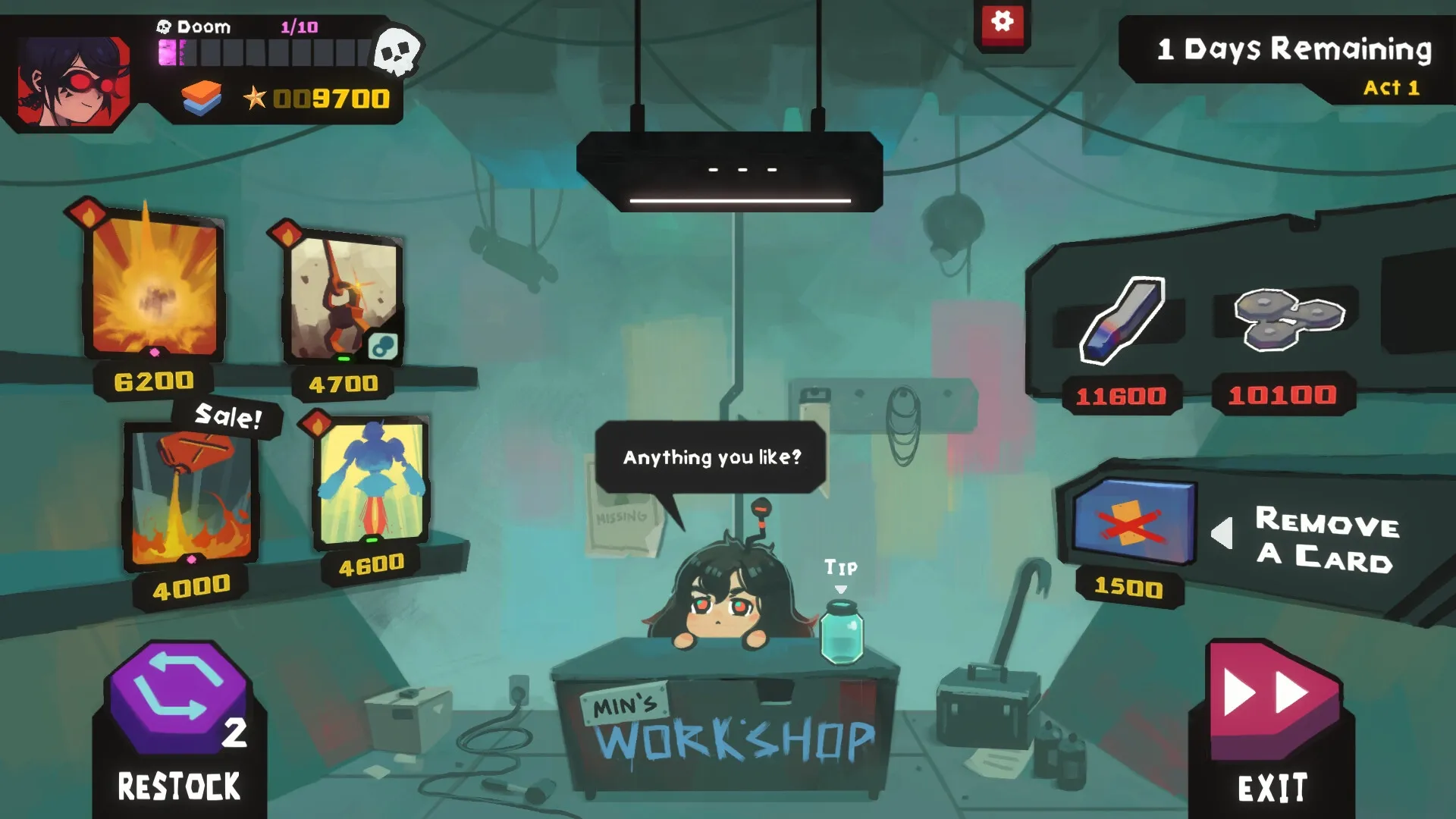 StarVaders: Min's Workshop shop menu with items for sale and a dialogue bubble saying "Anything you like?"