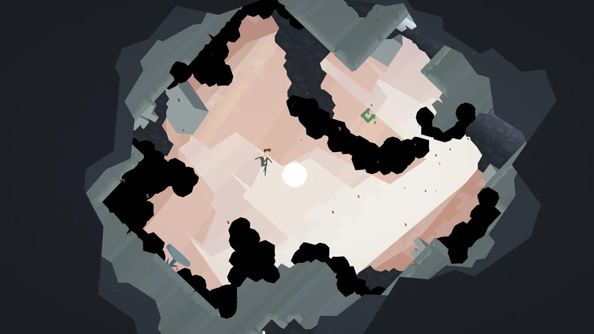 Stasis Valley: Adam jumps across a fragmented chasm in a cave surrounded by dark and light shapes