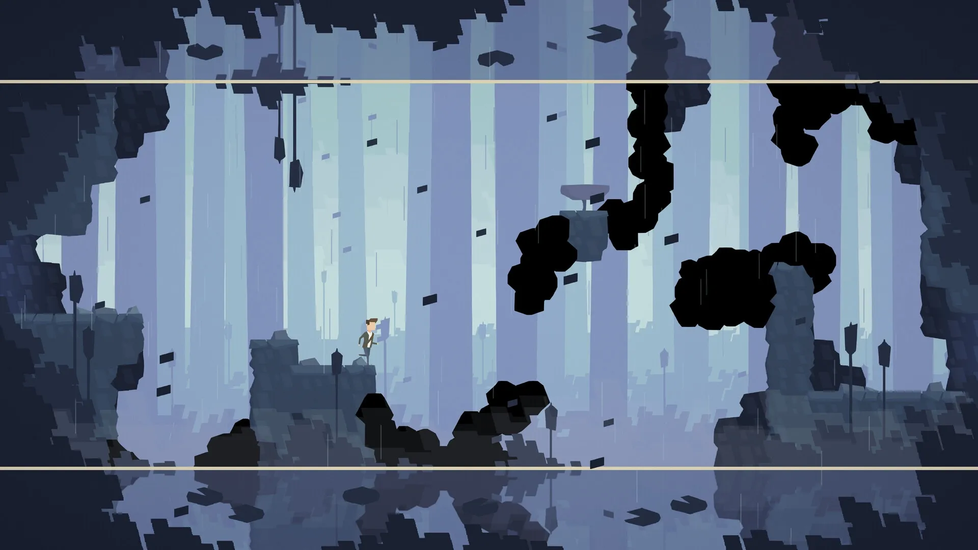 Stasis Valley: Adam stands on a cliff edge in a pixelated cave with floating debris around him