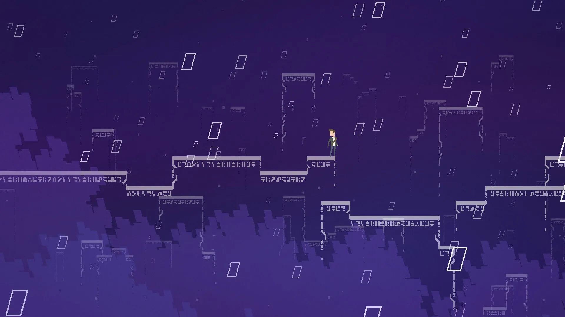 Stasis Valley: Adam traverses floating platforms in a mysterious, dark purple pixelated landscape