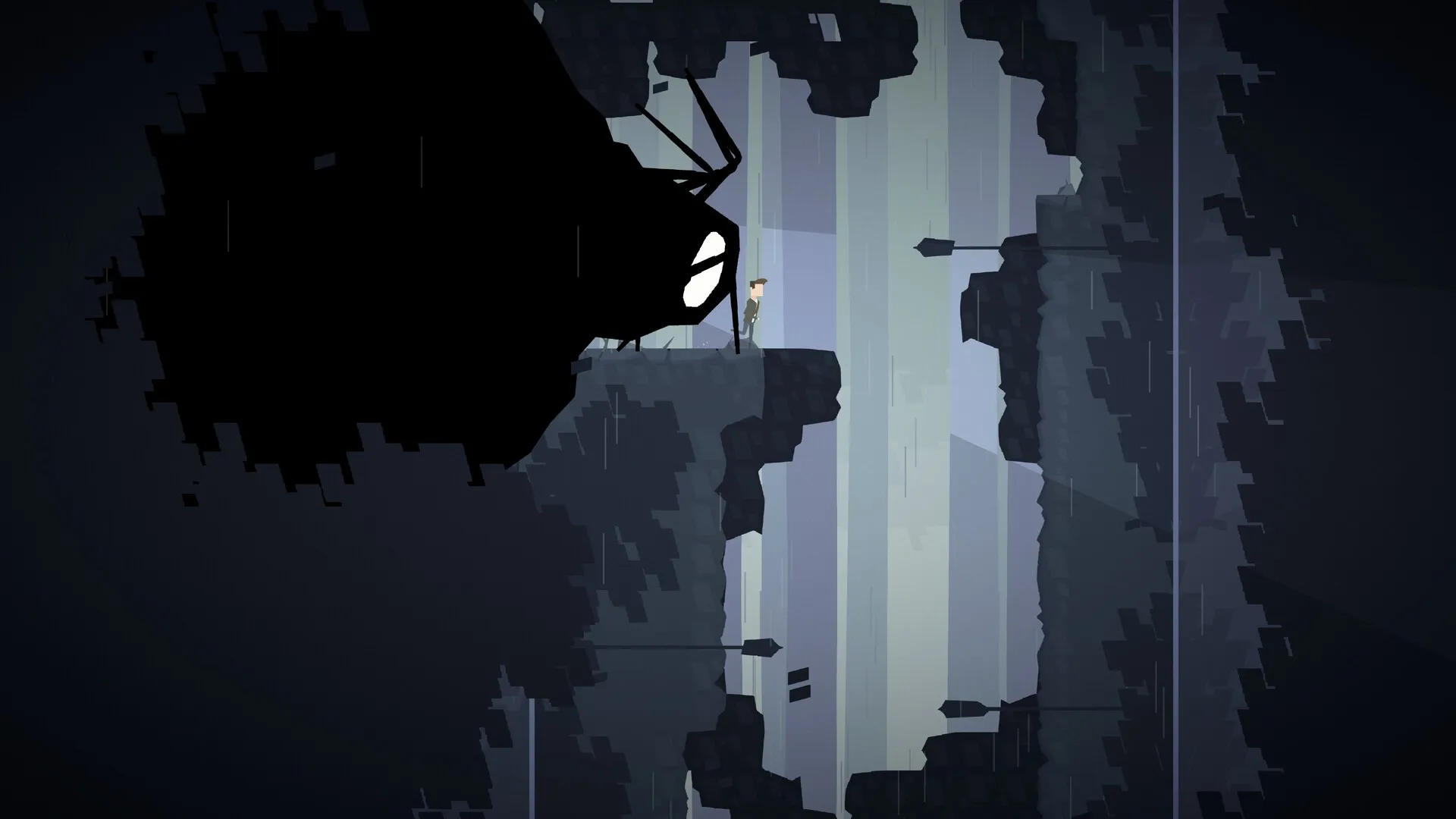 Stasis Valley: Adam faces a giant shadow creature on a cliff in a dimly lit cave environment.