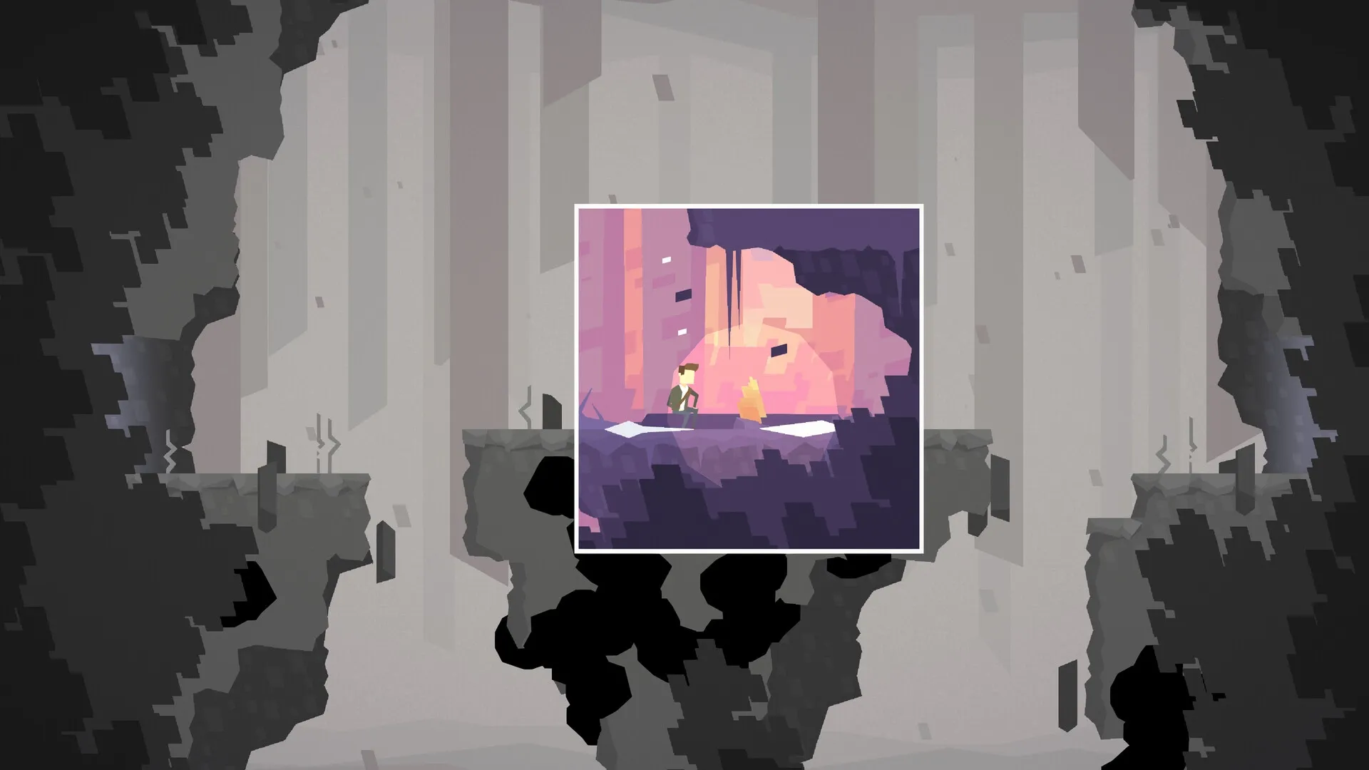 Stasis Valley: Adam sitting by a campfire in a cave with pixelated purple and pink surroundings