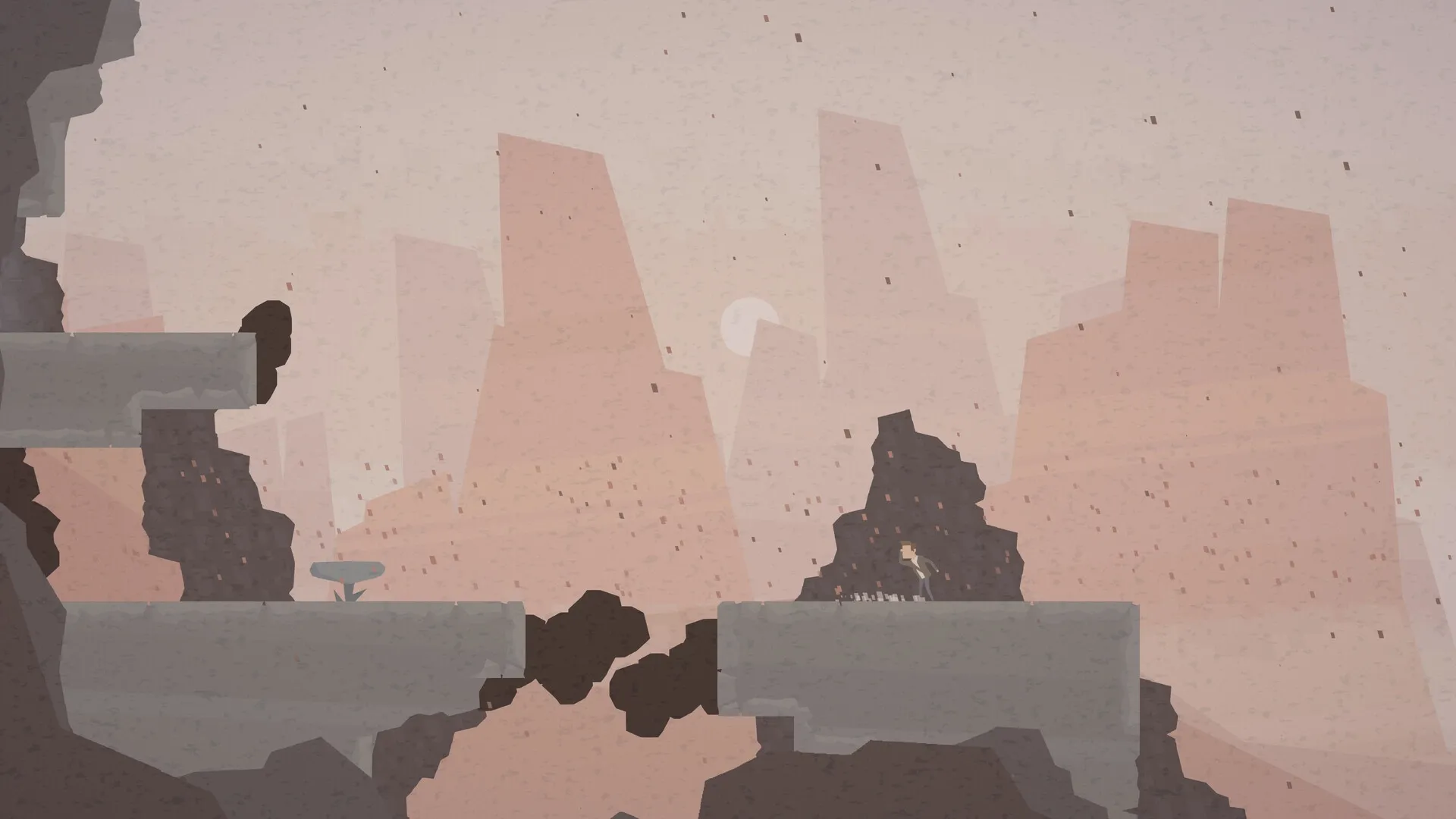 Stasis Valley: Adam stands on a platform facing a gap against a backdrop of towering, sunlit cliffs.