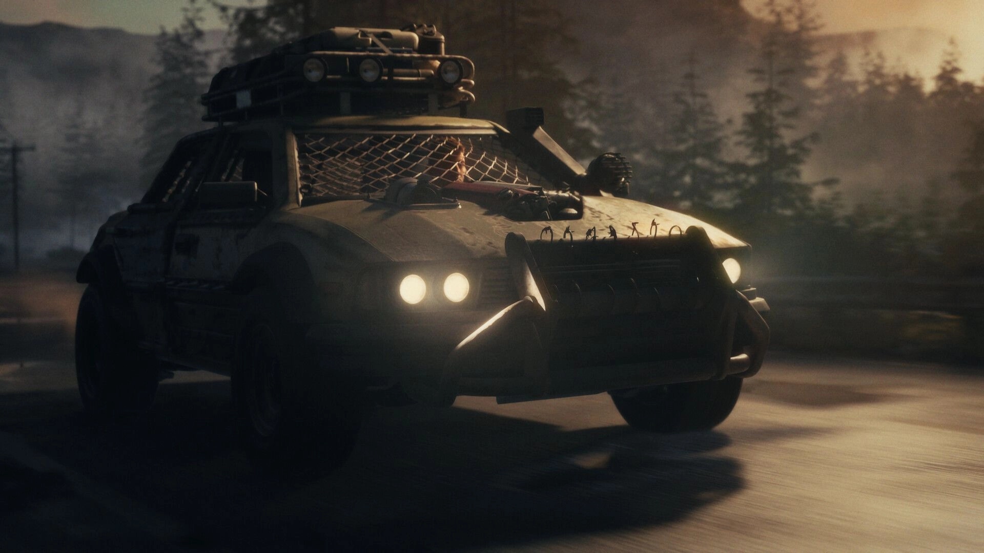 State of Decay 3: Armored car speeding down a road at dusk through misty pine forest backdrop.