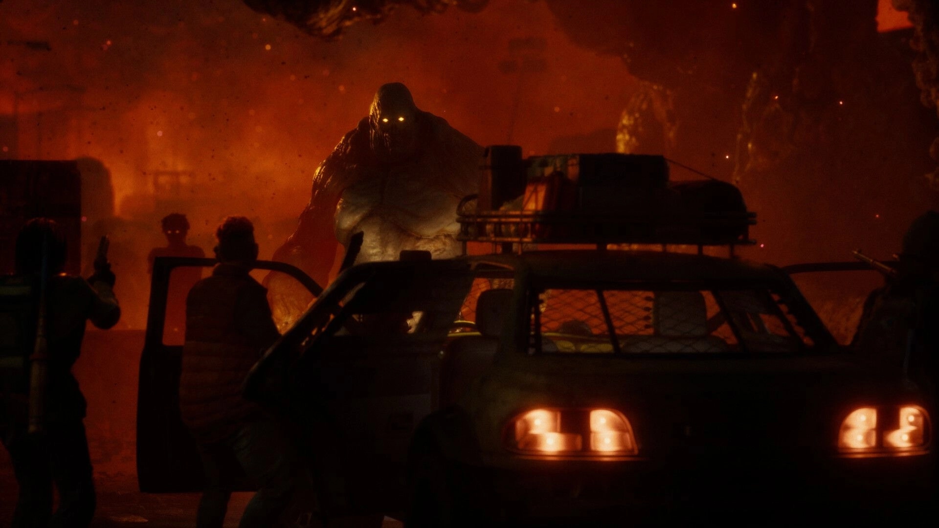State of Decay 3: Survivors aim guns at a hulking glowing-eyed zombie amid smoky orange chaos by a car.
