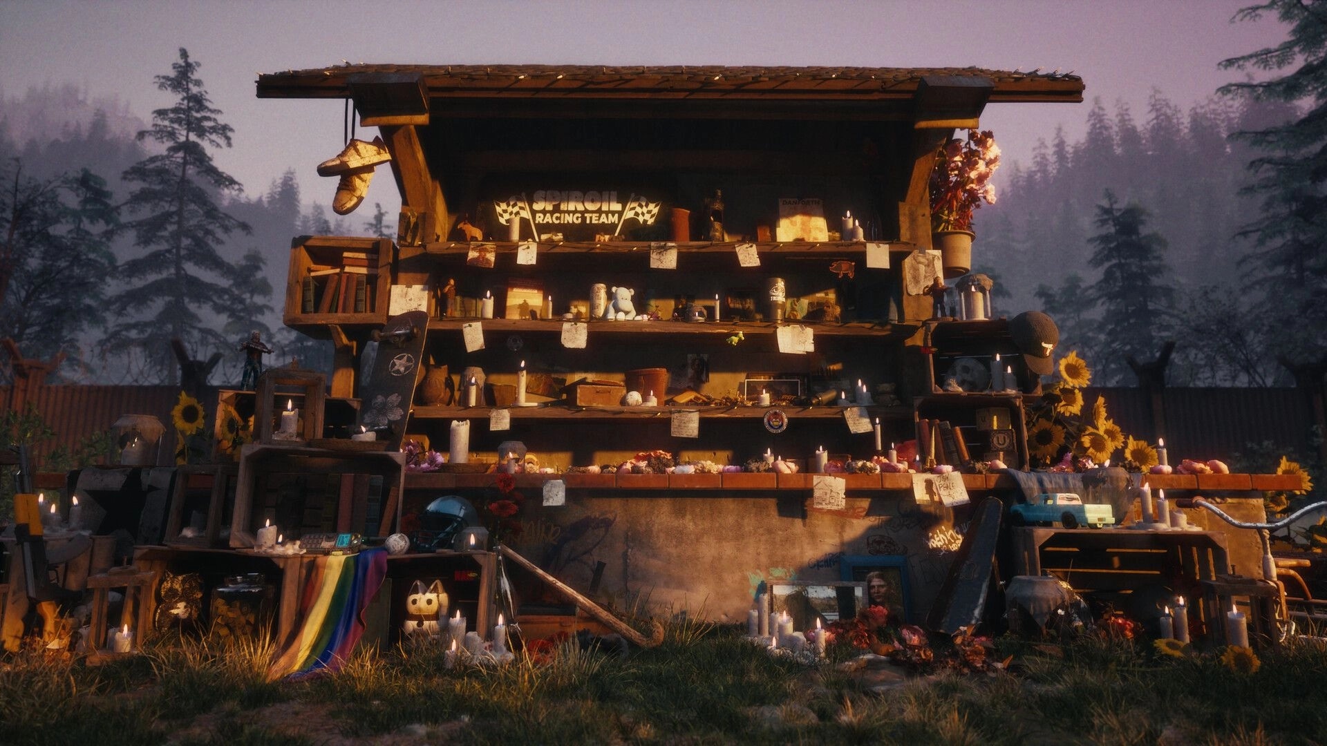 State of Decay 3: Candlelit memorial shrine with notes and flowers in a forest clearing at dusk.