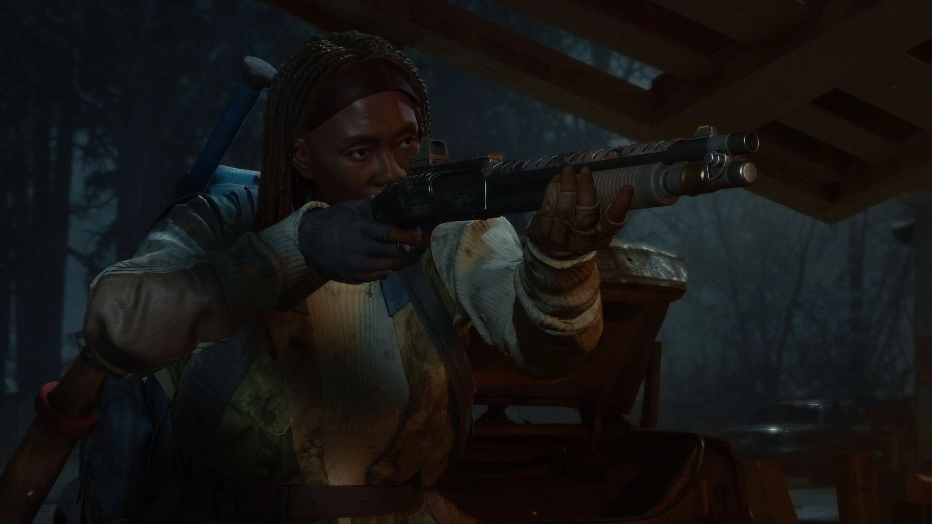 State of Decay 3: Survivor aims a shotgun from cover beneath wooden rafters in a dark forest camp.