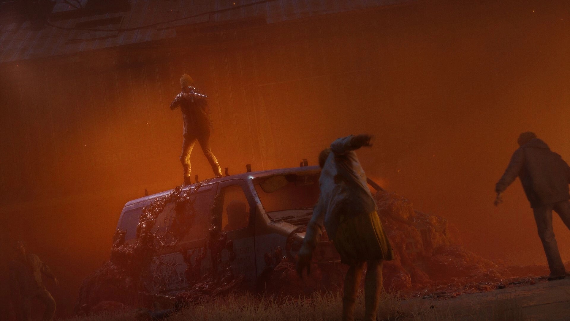 State of Decay 3: Survivor aims rifle atop a van as zombies approach in red blood-plague fog.