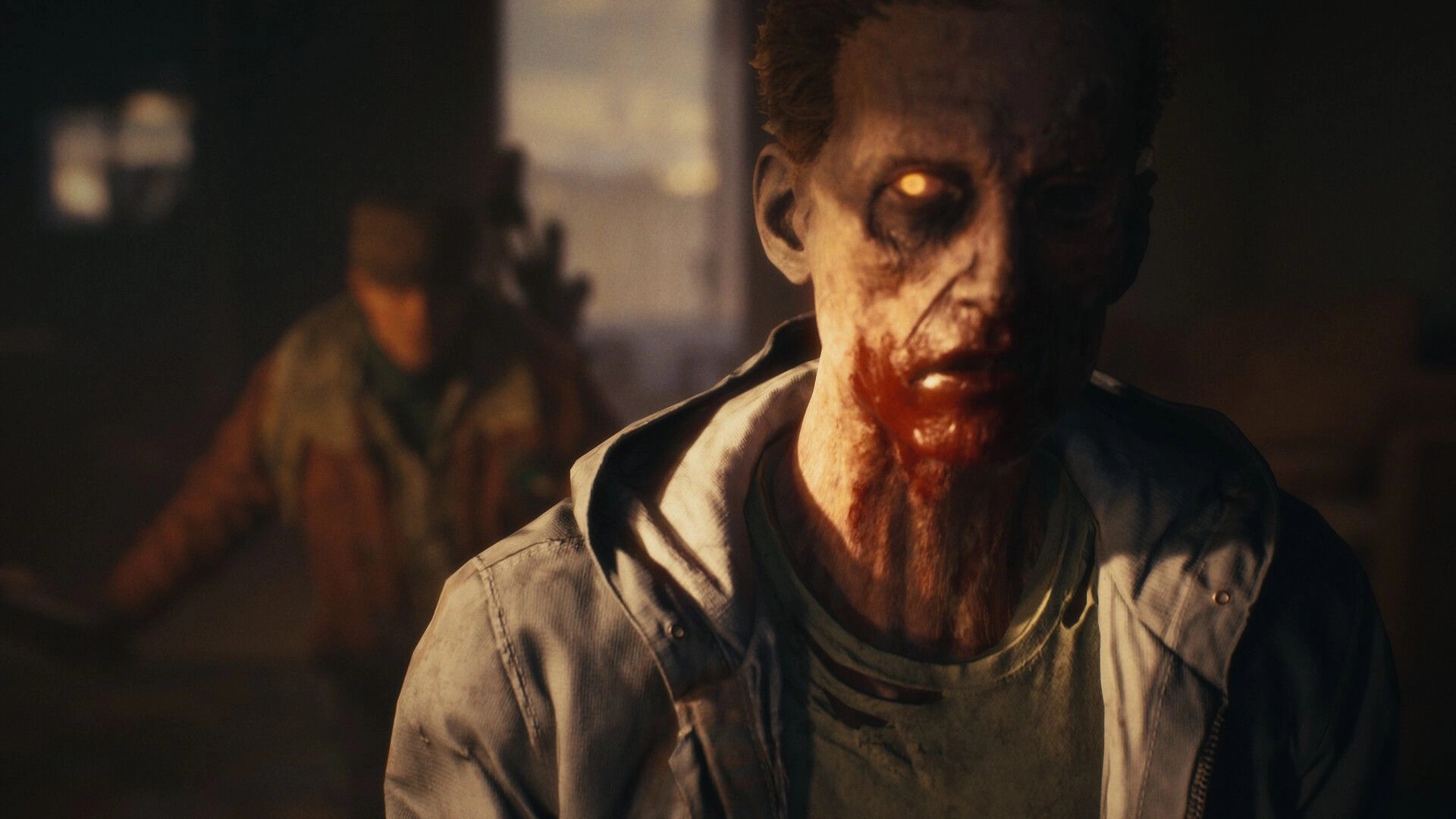 State of Decay 3: Bloodied zombie close-up with glowing eye in dim room, survivor blurred behind.