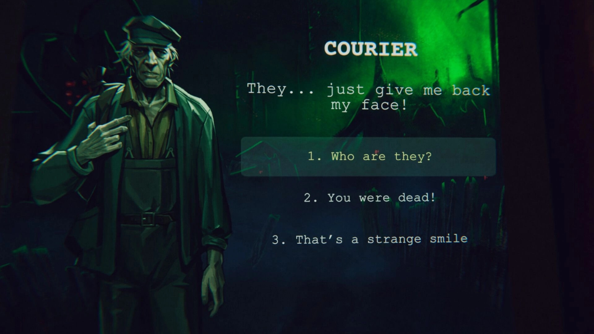 Static Dread: Dialogue with Courier in eerie green-lit environment, choice options visible on screen.