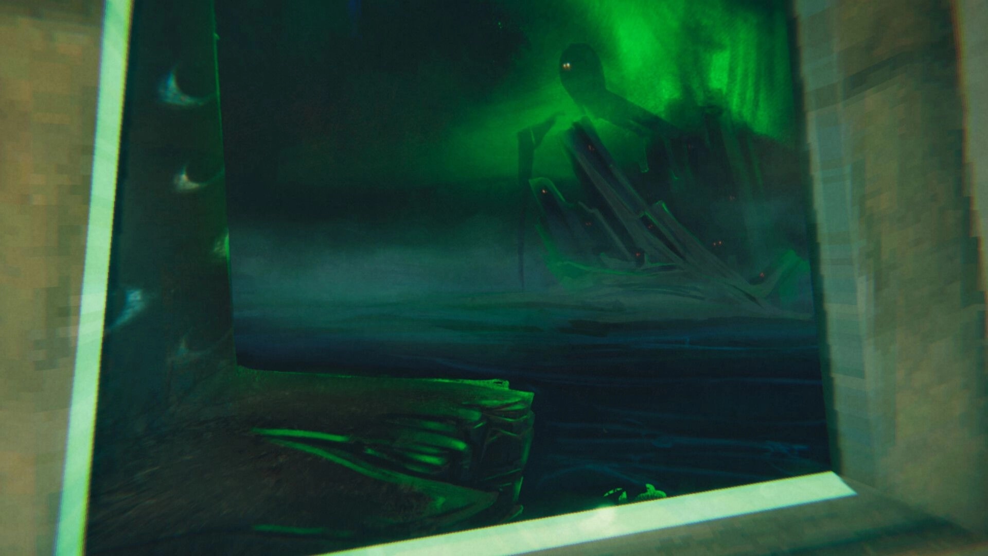 Static Dread: Eerie silhouette in green mist viewed from lighthouse window, creating a sense of foreboding.