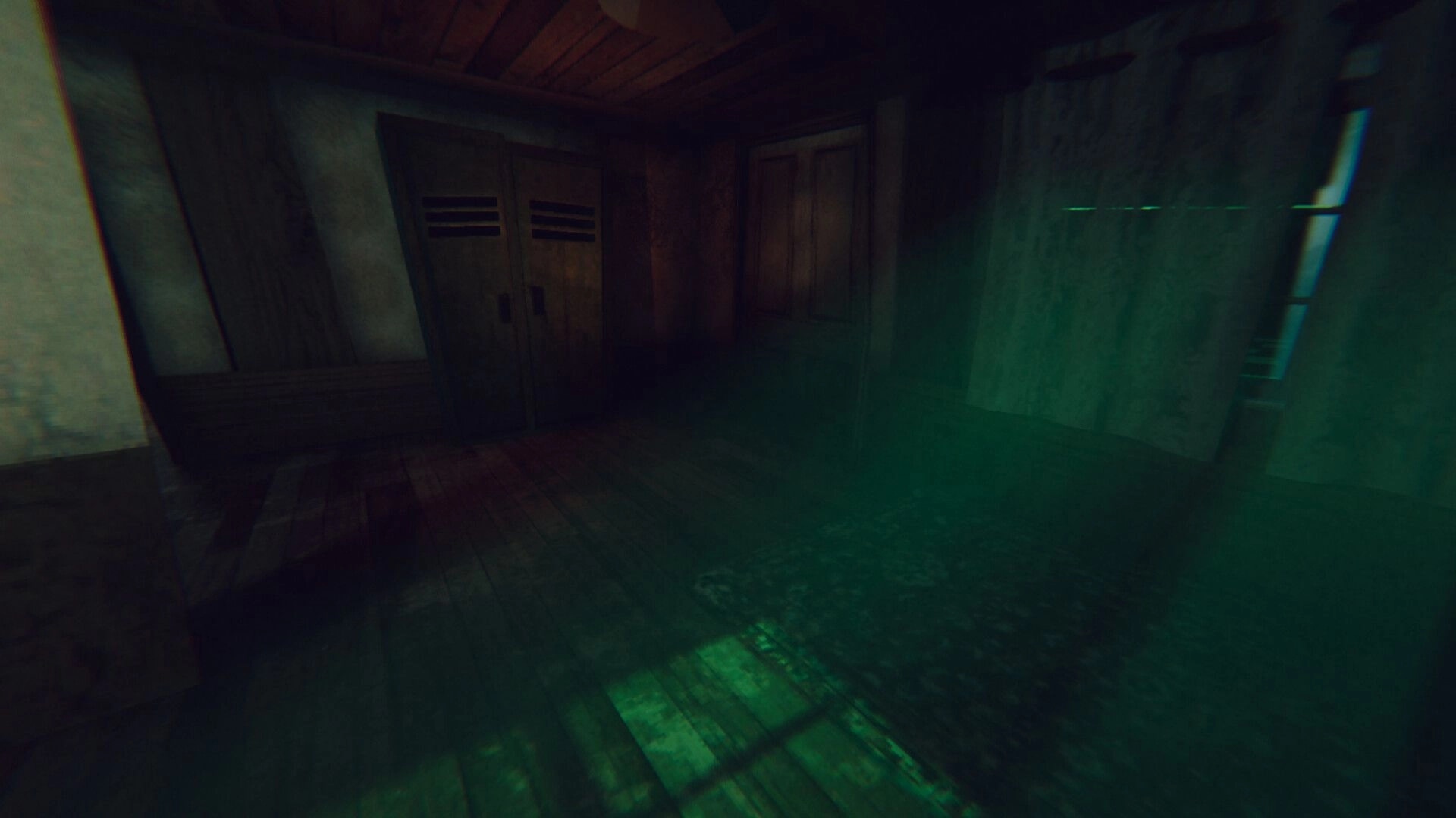Static Dread: Dimly lit room with closed doors and eerie green shadows in a wooden lighthouse interior