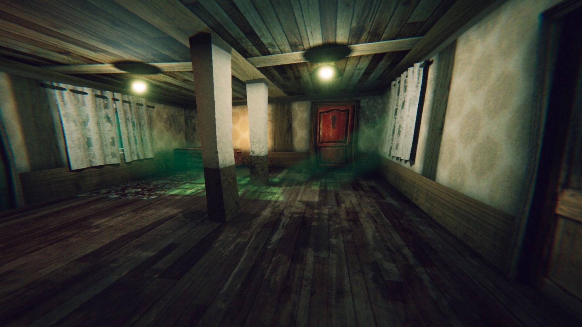 Static Dread: Dimly lit hallway with green mist seeping under a red door, casting eerie shadows