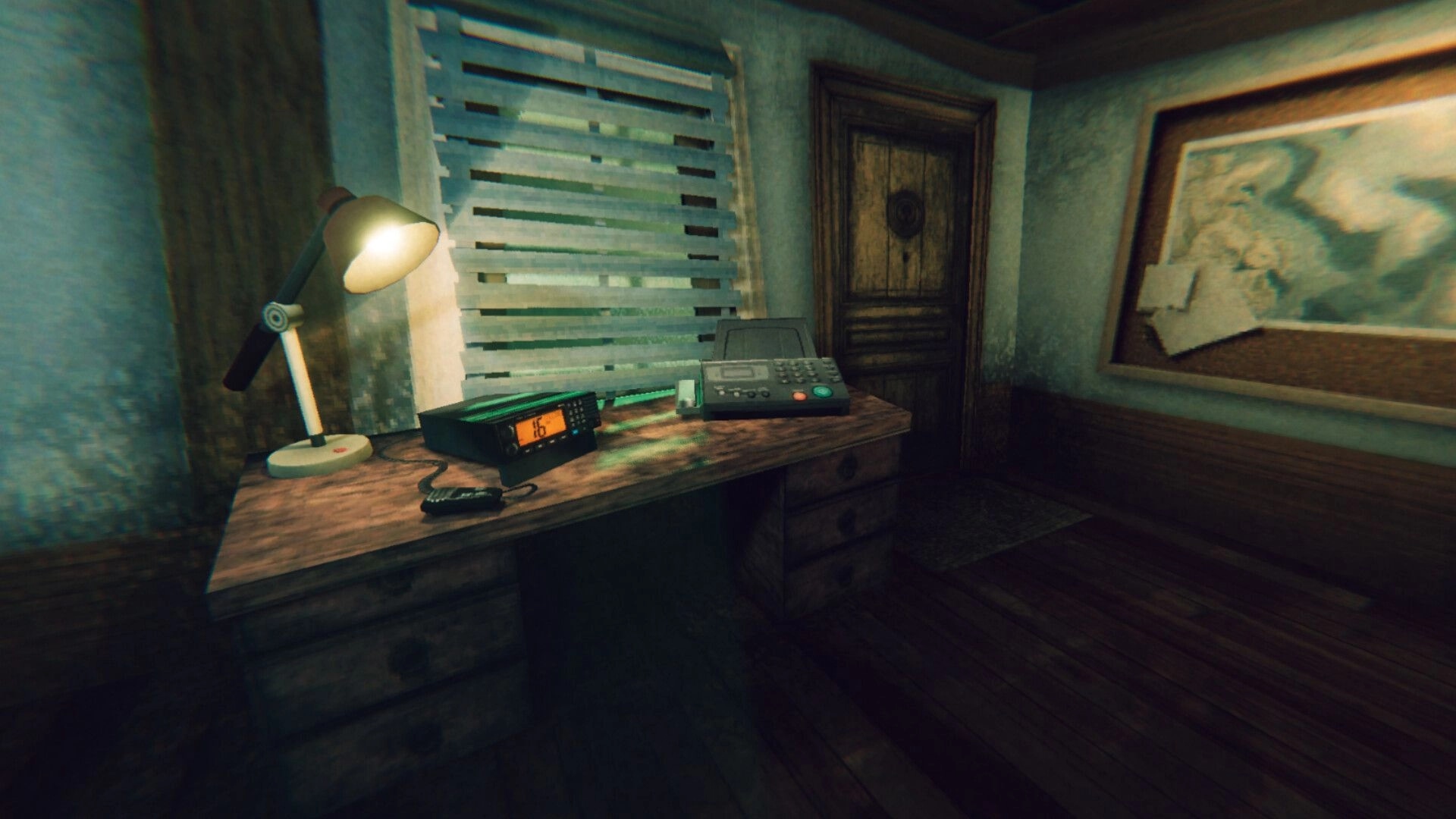 Static Dread: Dimly lit lighthouse office with radio, desk lamp, and map on wooden walls and floor