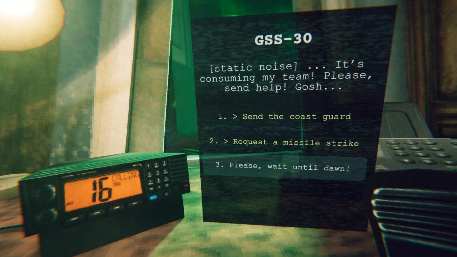 Static Dread: Radio distress call with urgent choices in a dimly lit lighthouse control room