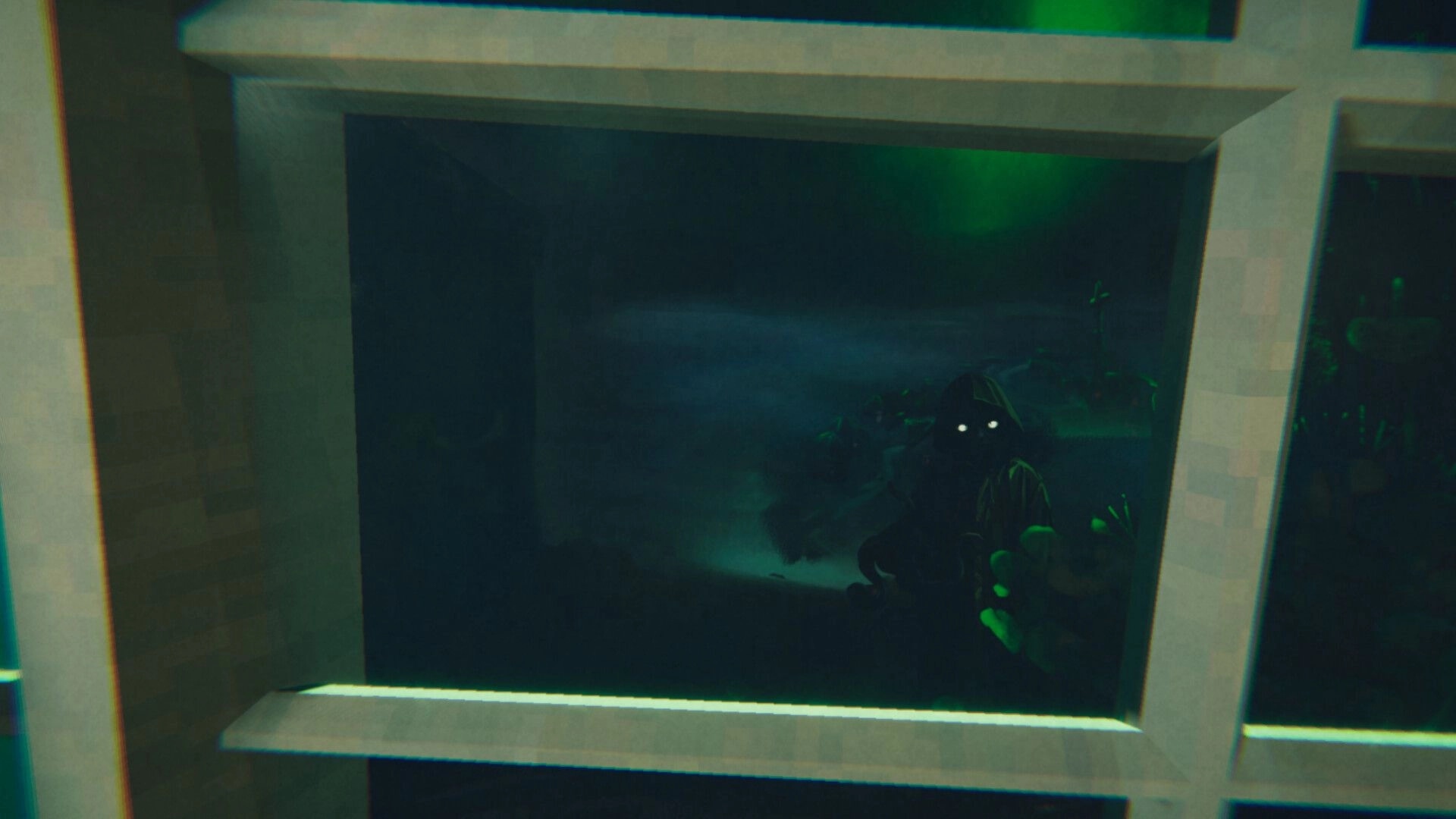Static Dread: Mysterious figure with glowing eyes outside window in eerie, foggy night setting