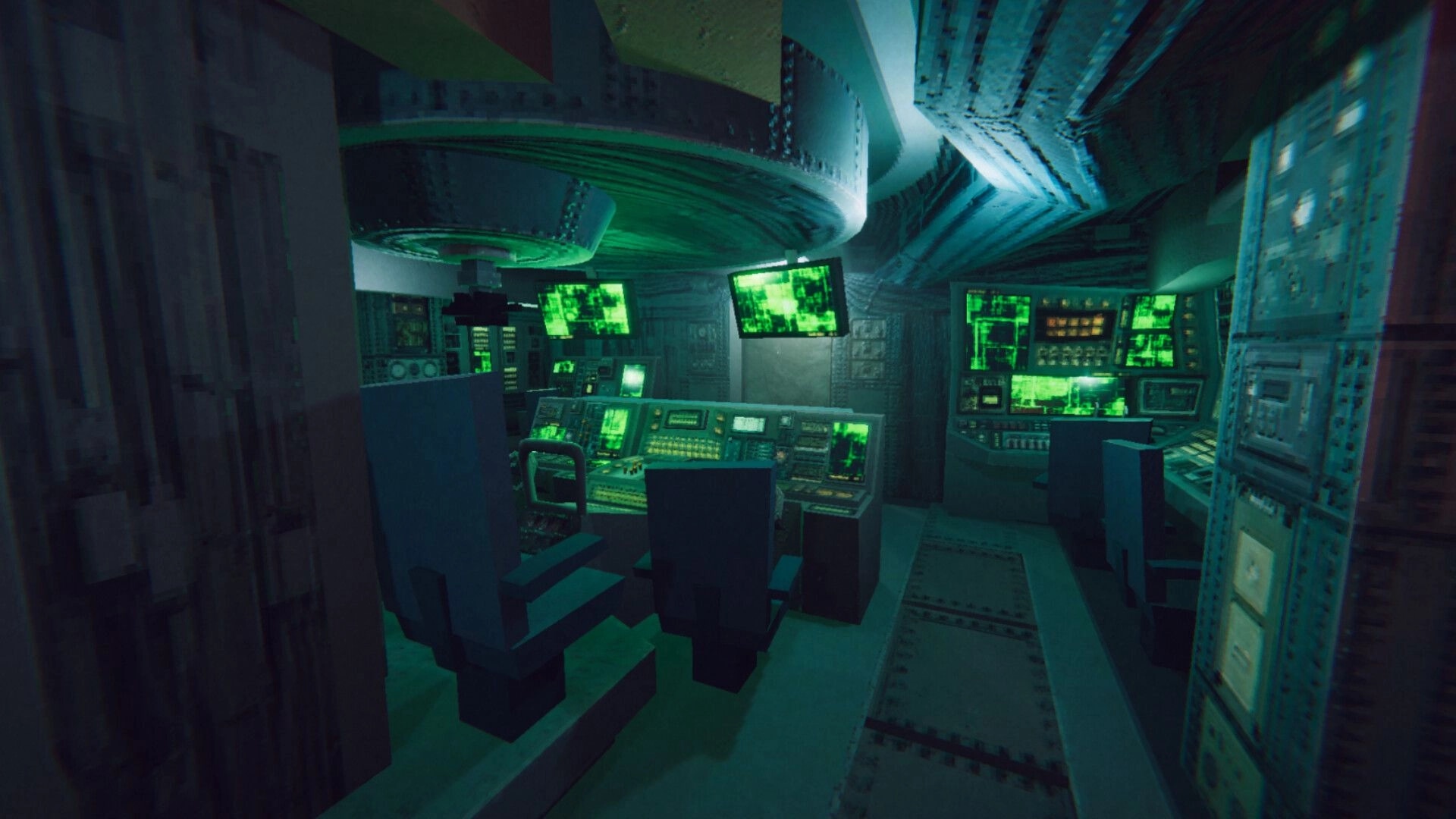 Static Dread: Submarine control room with glowing green monitors and empty crew chairs