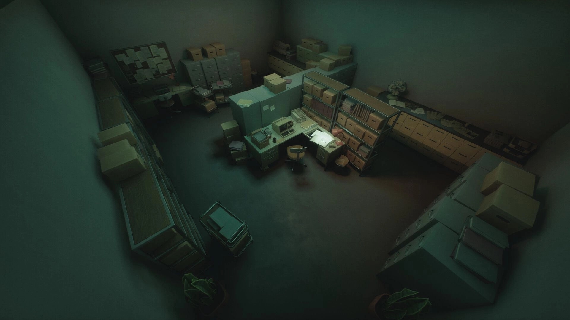 Static Hour: Overhead view of cluttered records room with filing cabinets, boxes, and desk lamp.
