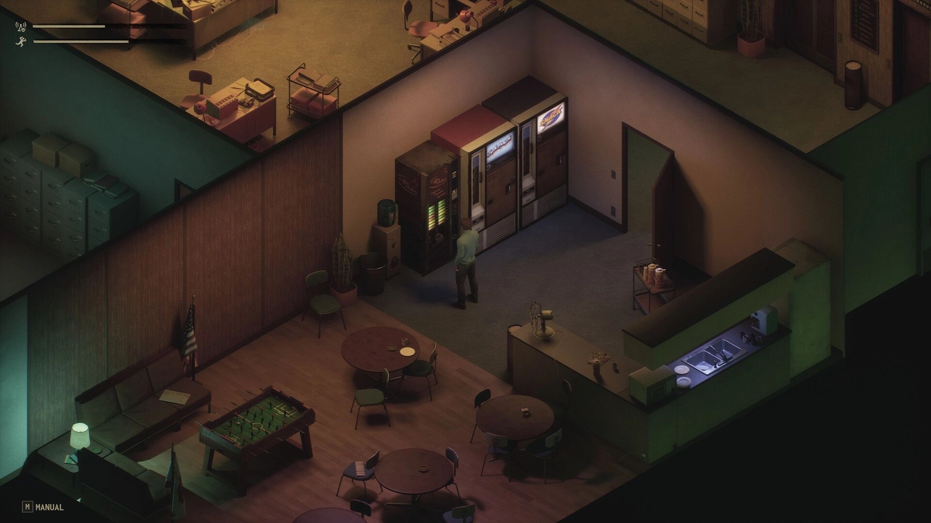 Static Hour: Character at vending machines in newsroom break room with couches, foosball table, sink UI bars.