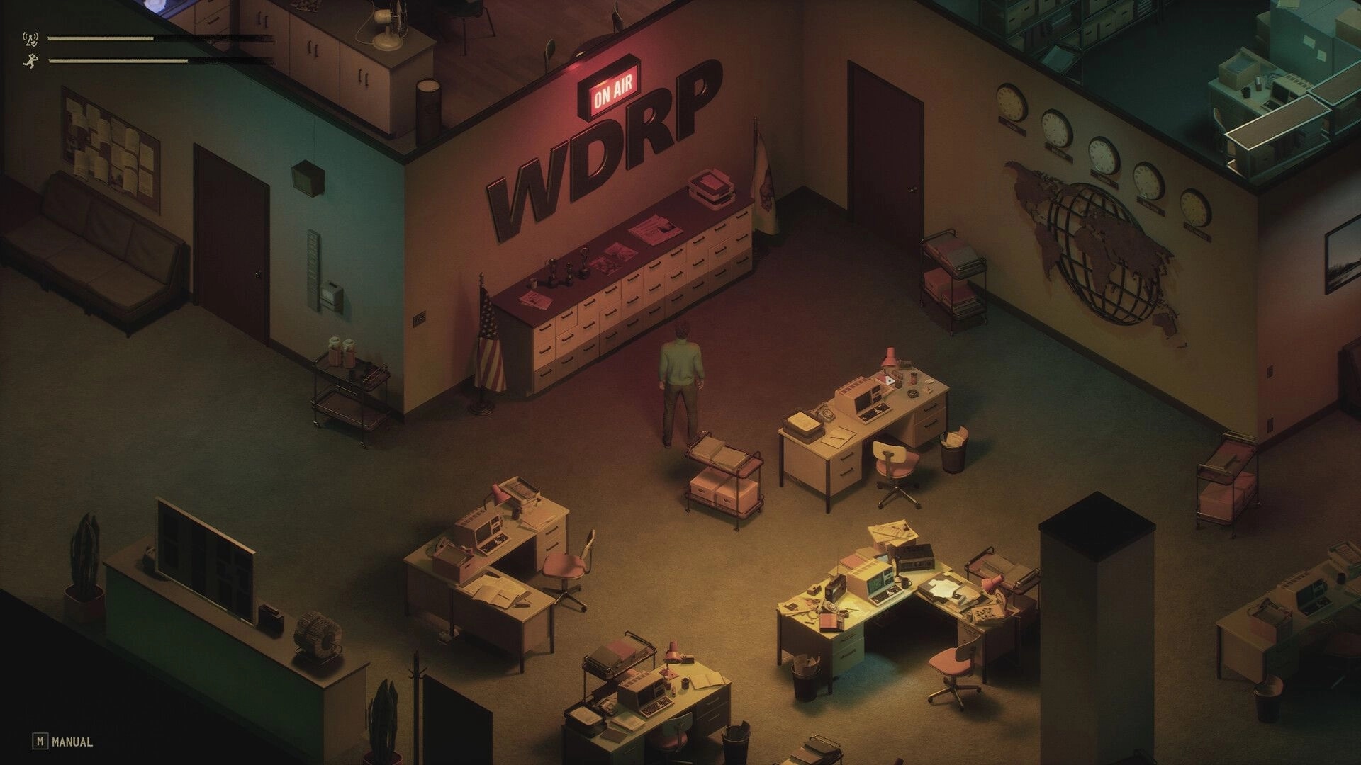 Static Hour: Character stands in WDRP newsroom lobby under ON AIR sign, desks and clocks lining walls.