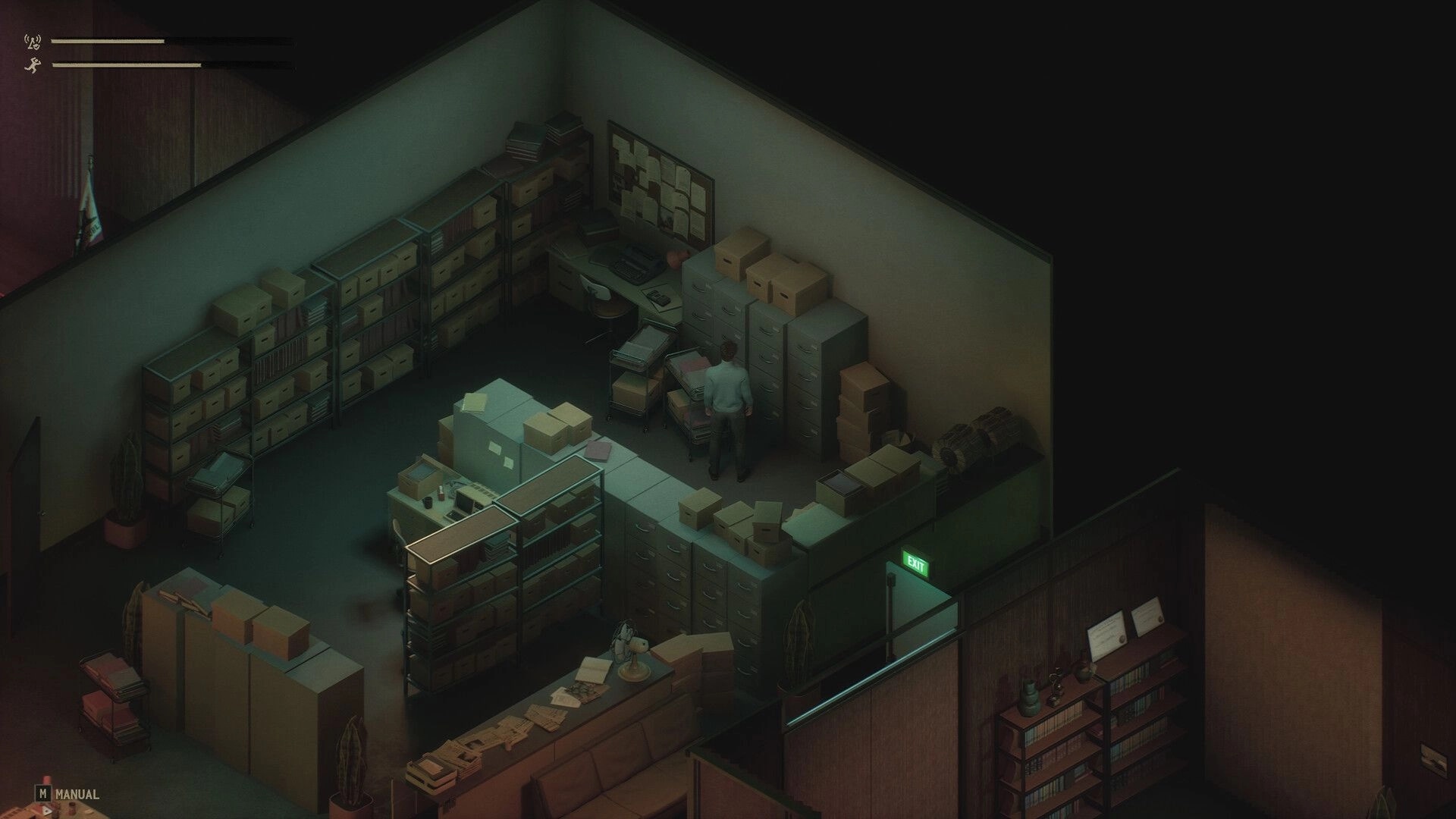 Static Hour: Player character stands by filing cabinets in a dim archive office with boxes and shelves.