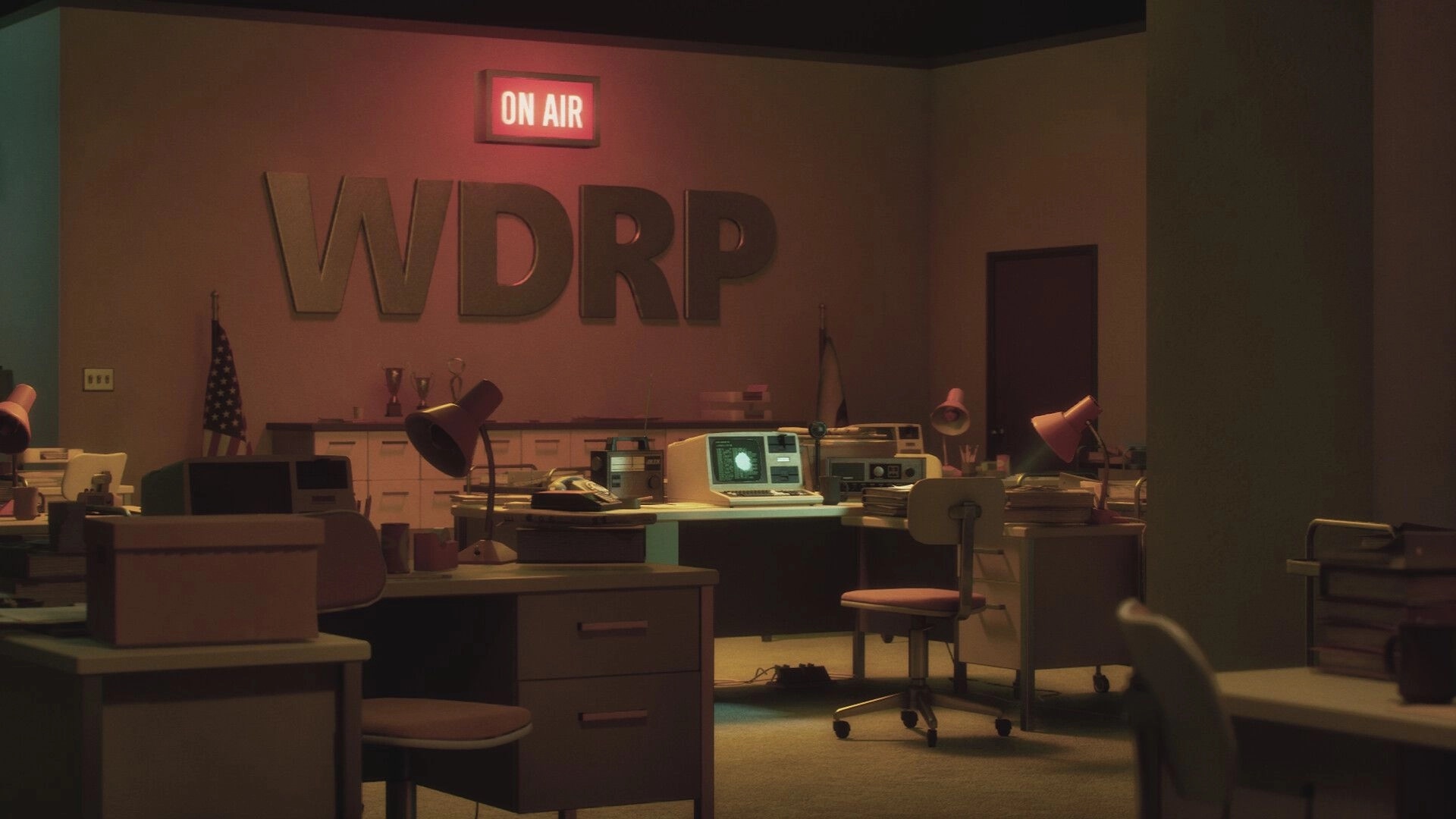 Static Hour: Empty WDRP radio newsroom with desks, lamps, CRT monitors, and glowing ON AIR sign.