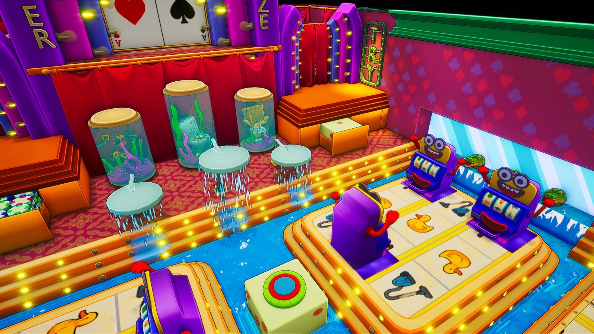 Steal Out: Slot machines and colorful decor in a vibrant casino-themed environment with playful details.