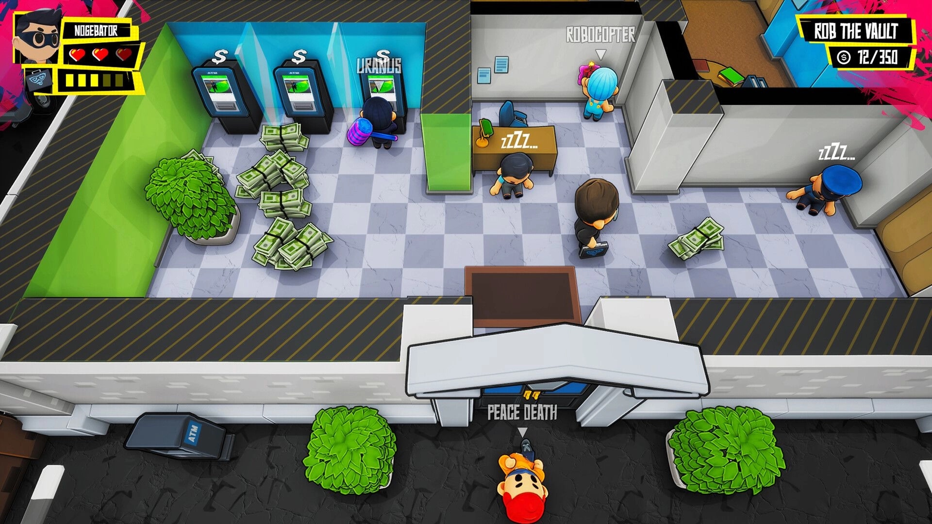 Steal Out: Players cracking ATMs and sneaking past guards in a bank heist scene with cash scattered