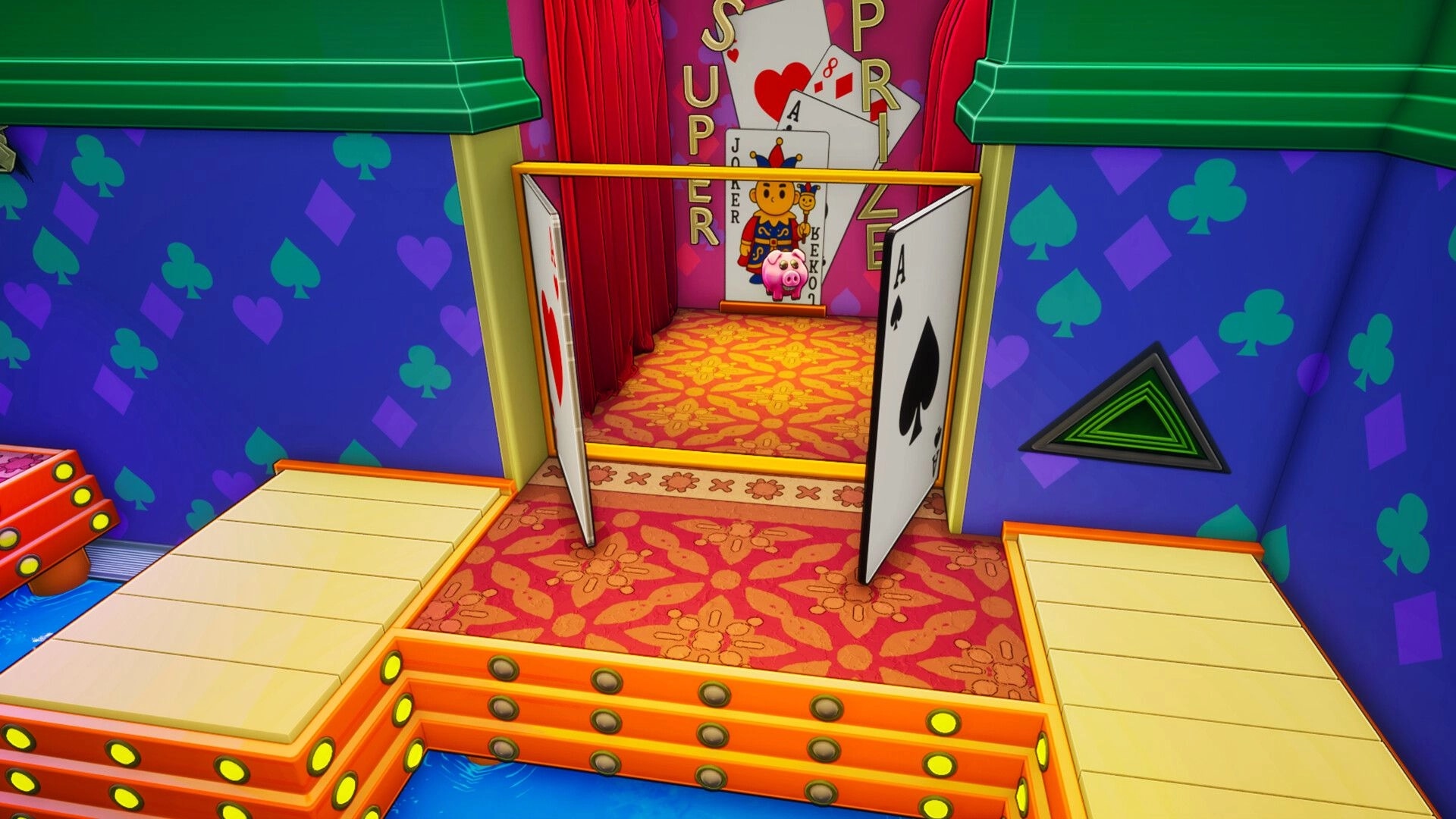 Steal Out: Colorful card-themed hallway with large playing cards and platforms in casino setting