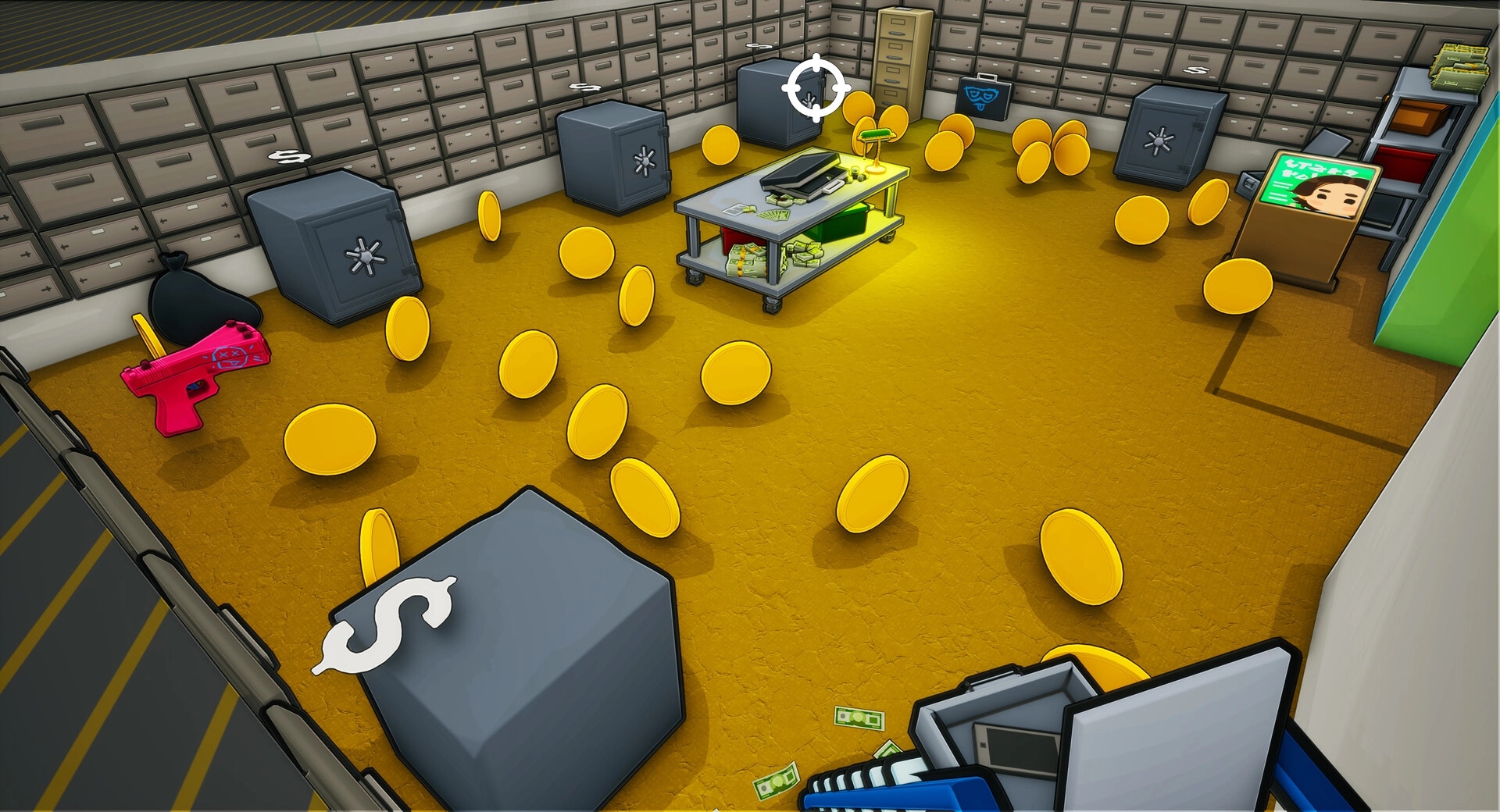 Steal Out: Gold coins scattered around a vault room with safes, cash piles, and a toy blaster gun
