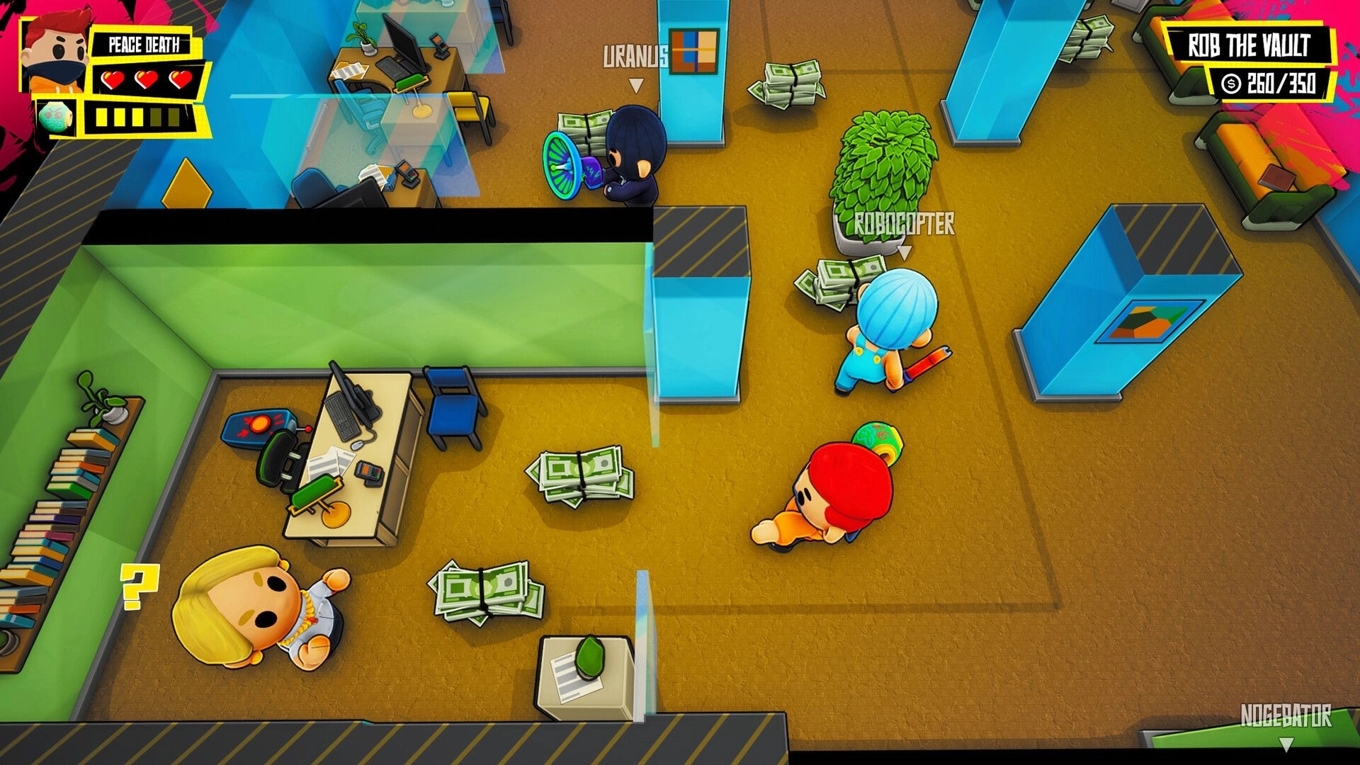 Steal Out: Characters Uranus and Robocopter collecting stacks of cash in an office heist scene