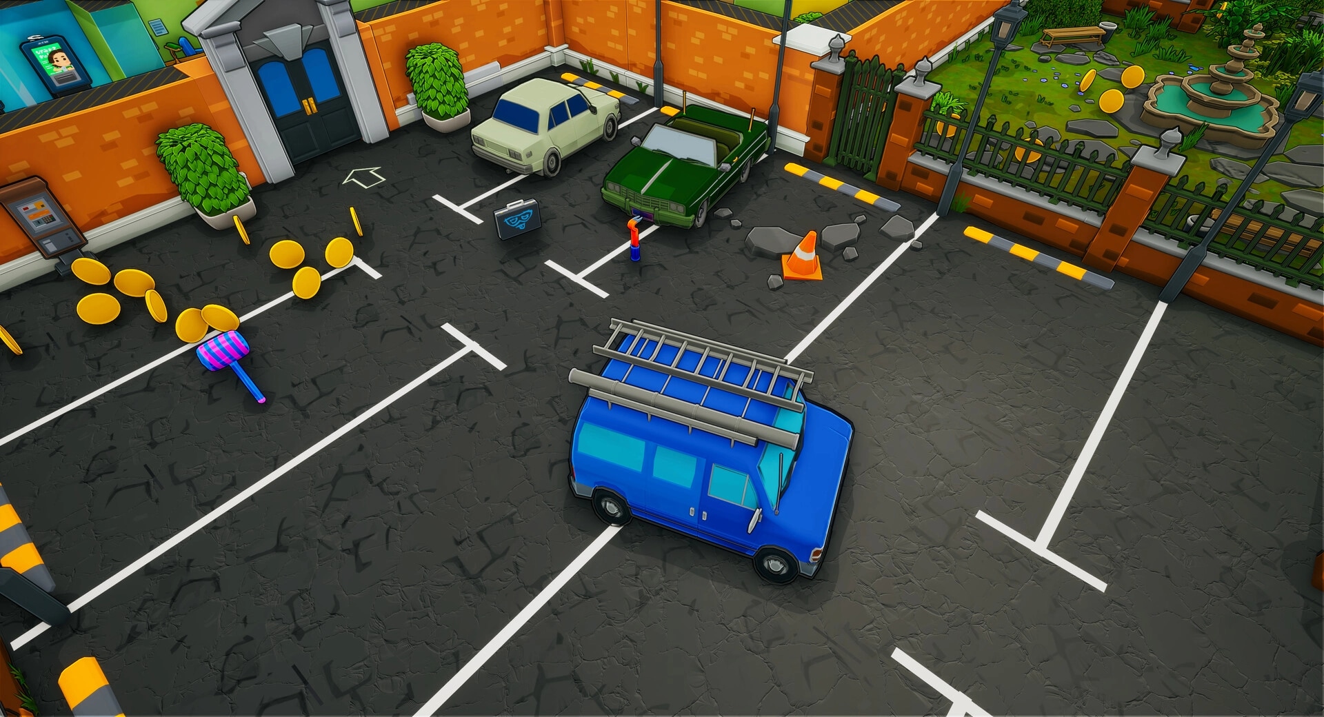Steal Out: Parking lot with scattered coins, a blue van, and a briefcase near green car and fountain