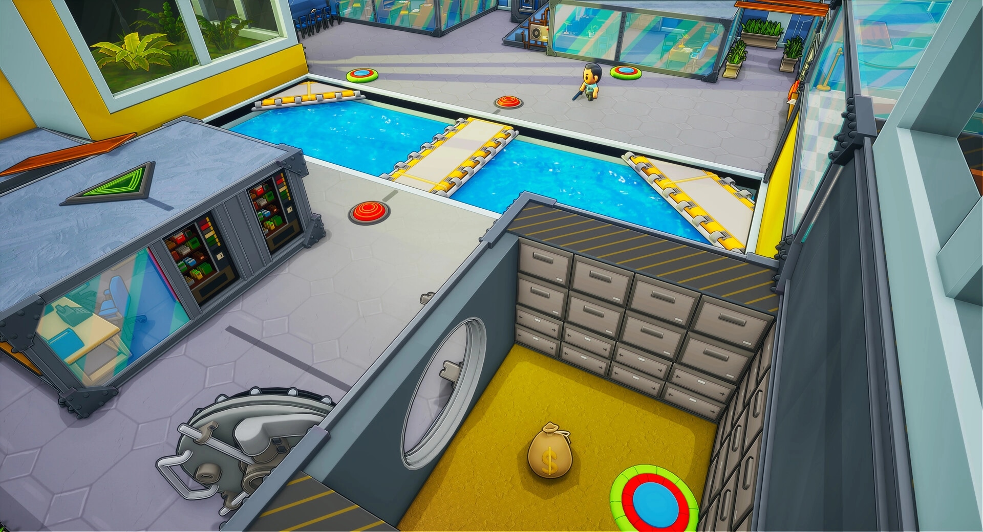 Steal Out: Player navigates near a vault with a loot bag, avoiding traps in a brightly lit facility.