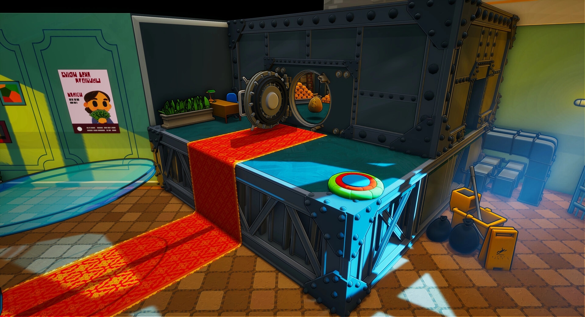 Steal Out: Vault room with open safe, scattered loot, and a red carpet leading to a colorful button