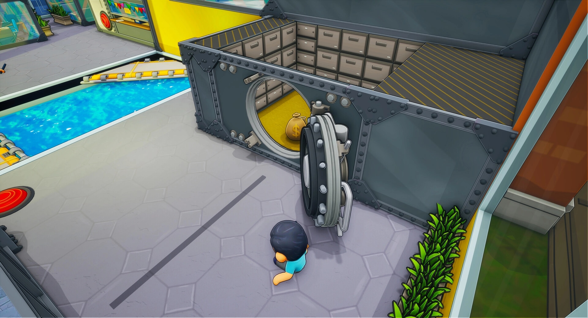Steal Out: Character approaches open vault with gold bag in modern facility near water and plants