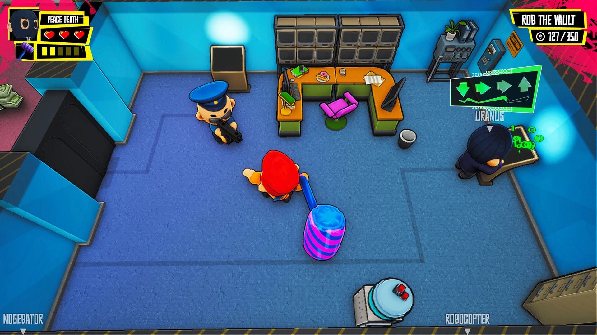 Steal Out: Player with mallet faces guard in blue room as teammate cracks safe; rob the vault