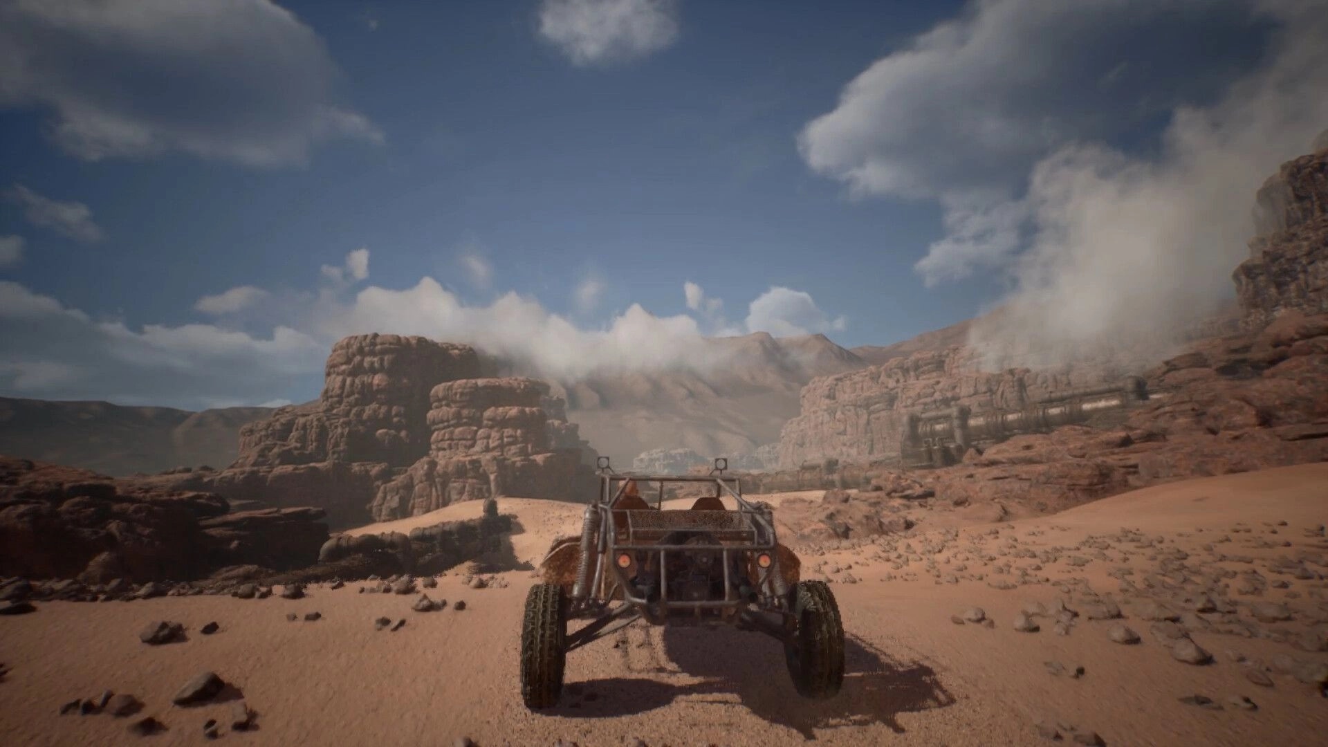 Steel Ark: Desert exploration in a rusty buggy with rocky cliffs and distant train tracks in background