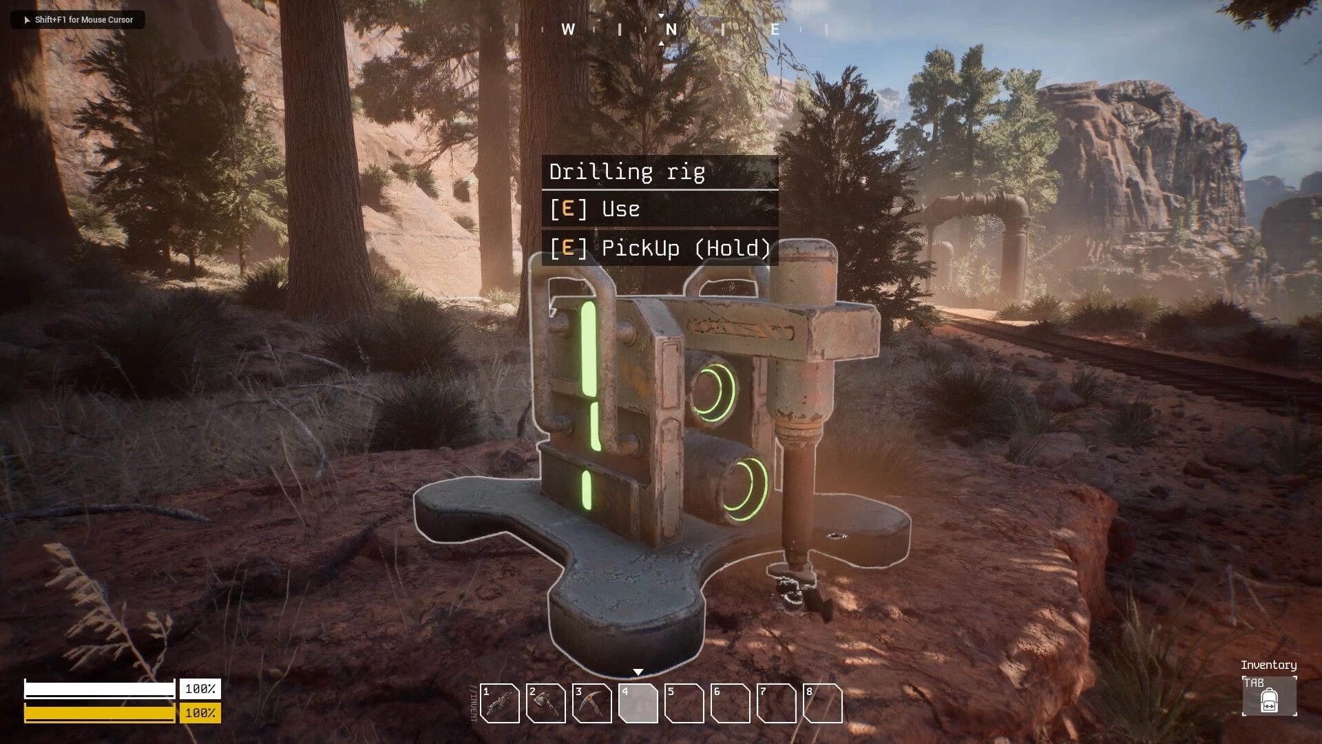 Steel Ark: Drilling rig interaction in a forest with inventory and health bars visible on the screen.