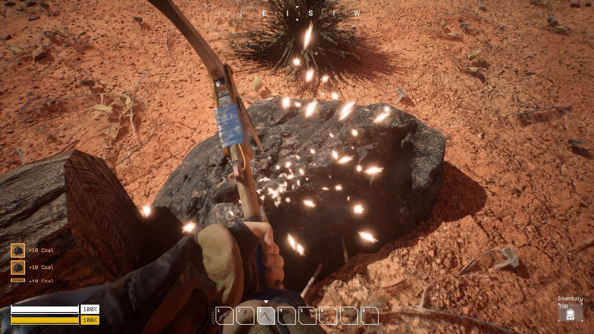 Steel Ark: Player mining coal with pickaxe in desert, UI shows resource gain and inventory slots