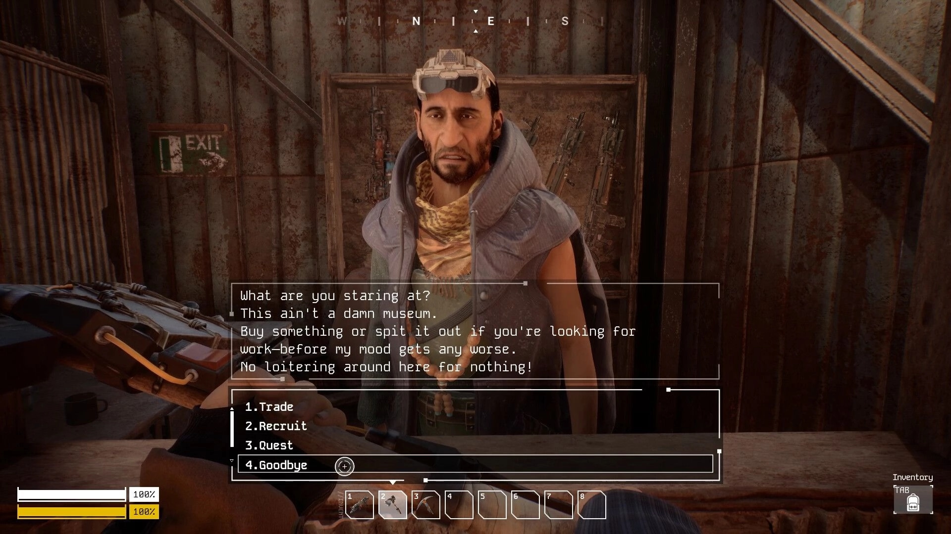 Steel Ark: Player interacting with trader in rusty room, dialogue options visible in bottom UI.