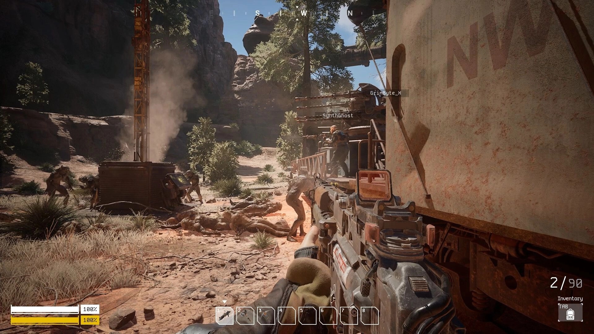 Steel Ark: First-person combat near train base in desert canyon with enemy creatures approaching
