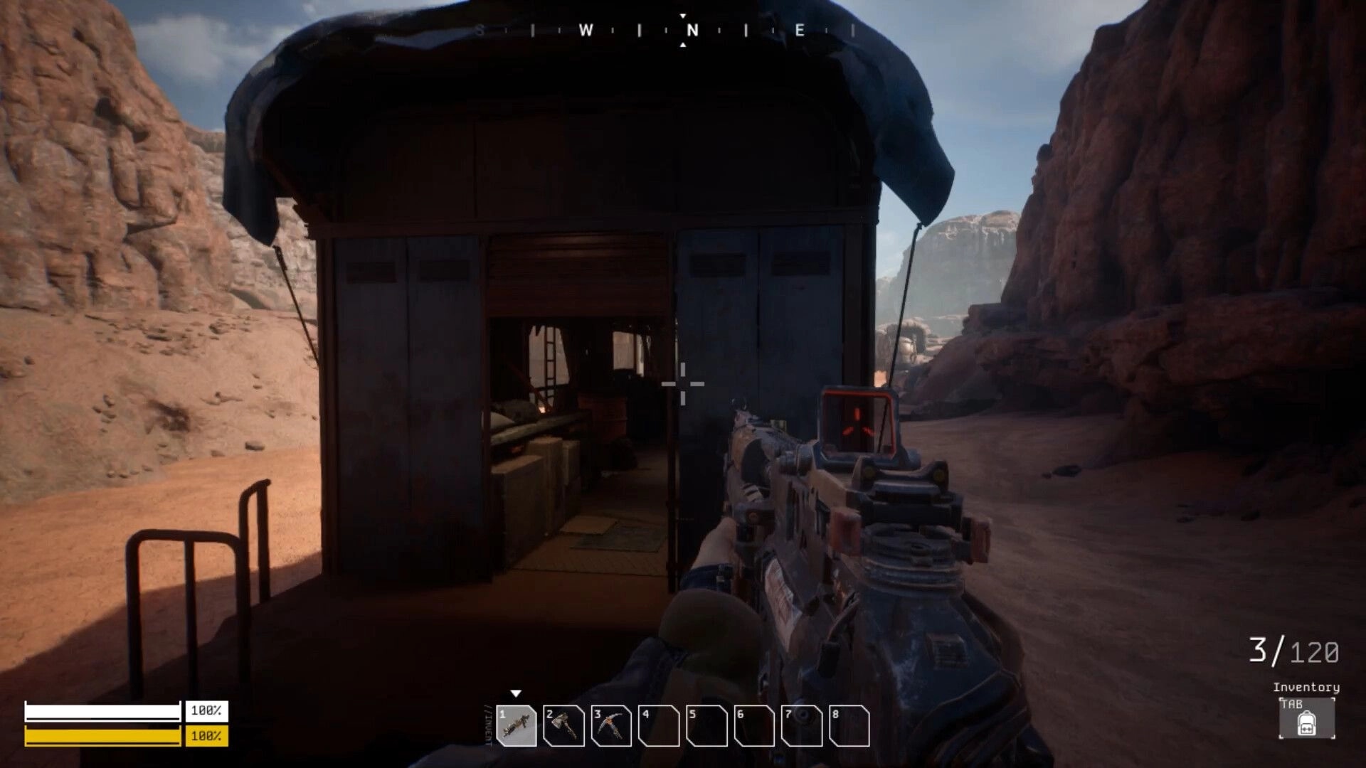 Steel Ark: First-person view aiming at train car interior in desert canyon with UI elements visible
