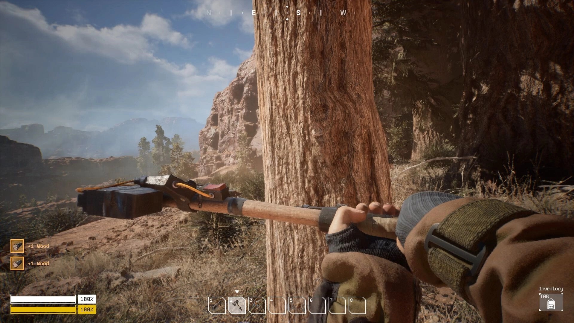 Steel Ark: First-person wood chopping with axe in rocky canyon, showing resource gain and inventory slots