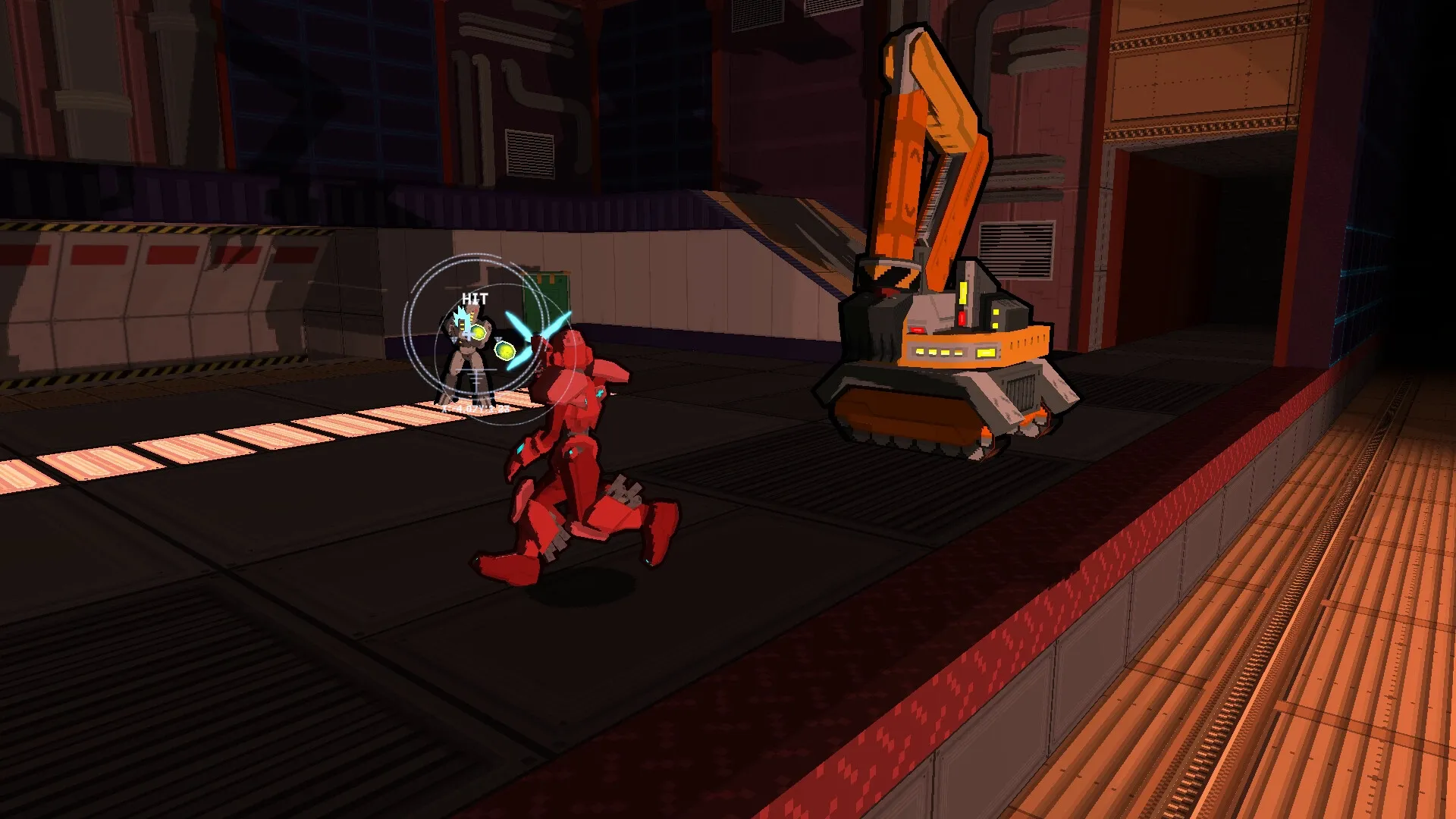 Steel Carnelian: Cass in red mech suit battles enemy robot in industrial corridor setting